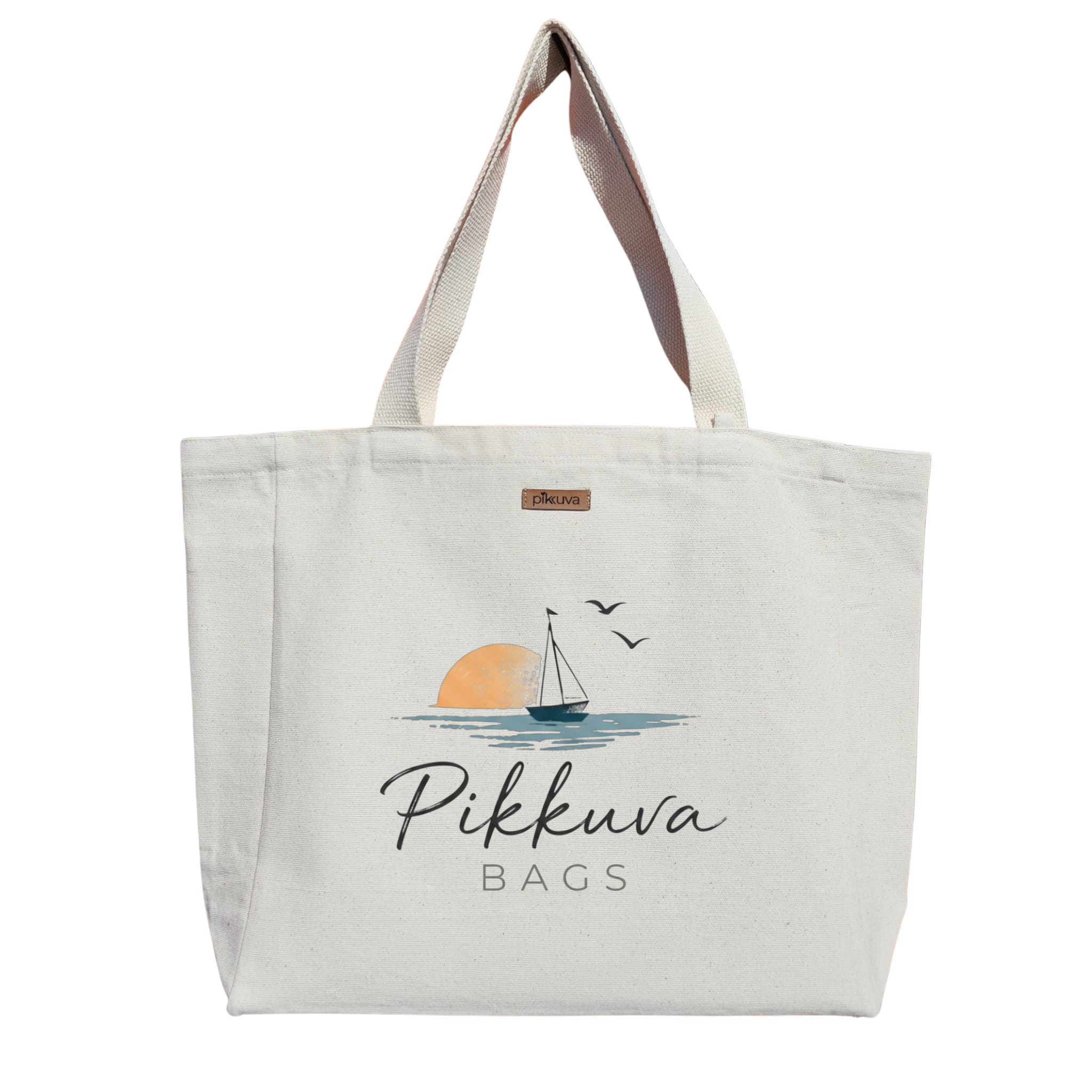 Natural Canvas Tote Bag, Natural Handle, White Velcro, Water Bottle Holder — 20x24