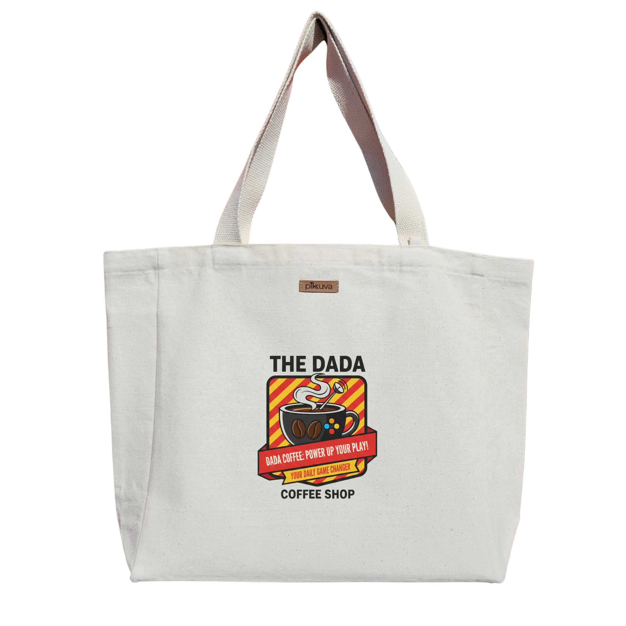 Natural Canvas Tote Bag, Natural Handle, White Velcro, Water Bottle Holder — 12x20