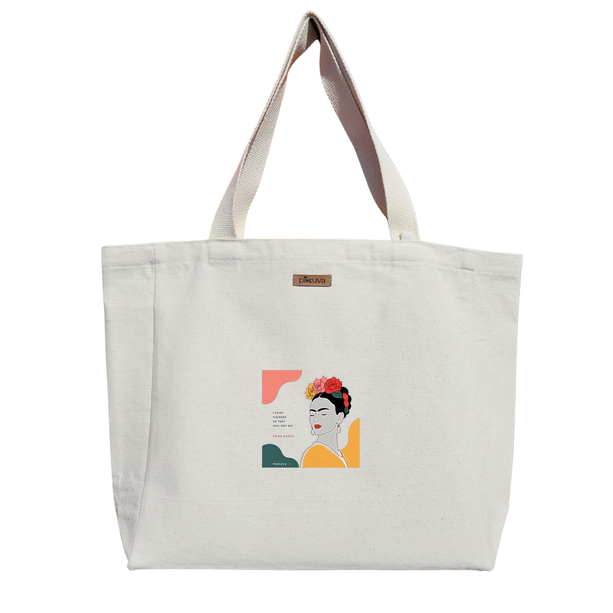 Natural Canvas Tote Bag, Natural Handle, White Velcro, Water Bottle Holder
