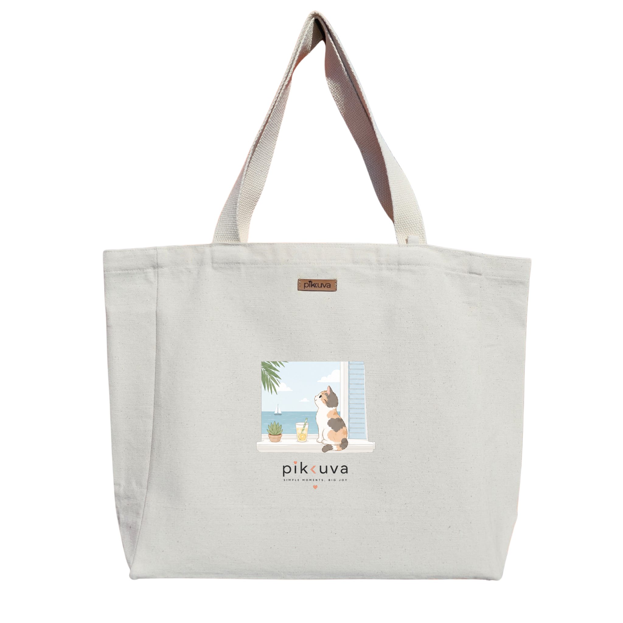 Natural Canvas Tote Bag, Natural Handle, White Velcro, Water Bottle Holder — 12x20
