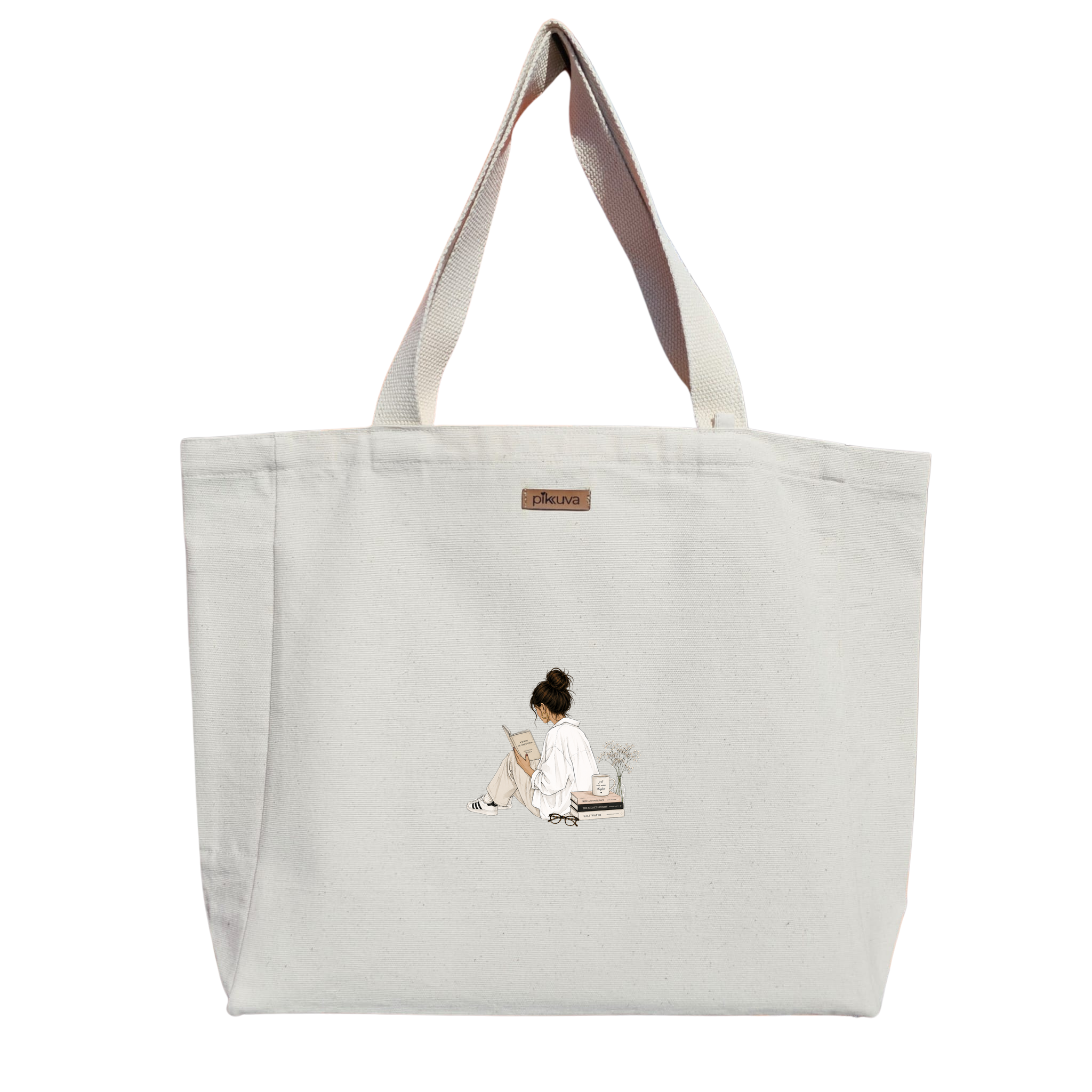 Natural Canvas Tote Bag, Natural Handle, White Velcro, Water Bottle Holder