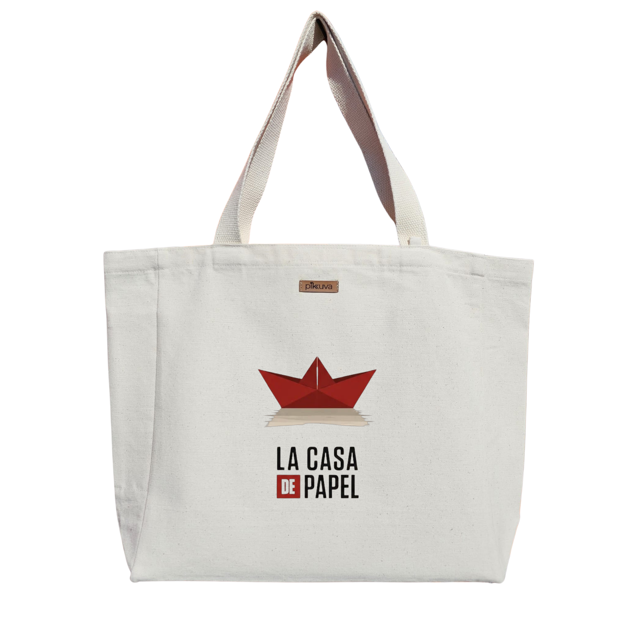 Natural Canvas Tote Bag, Natural Handle, White Velcro, Water Bottle Holder — 12x20