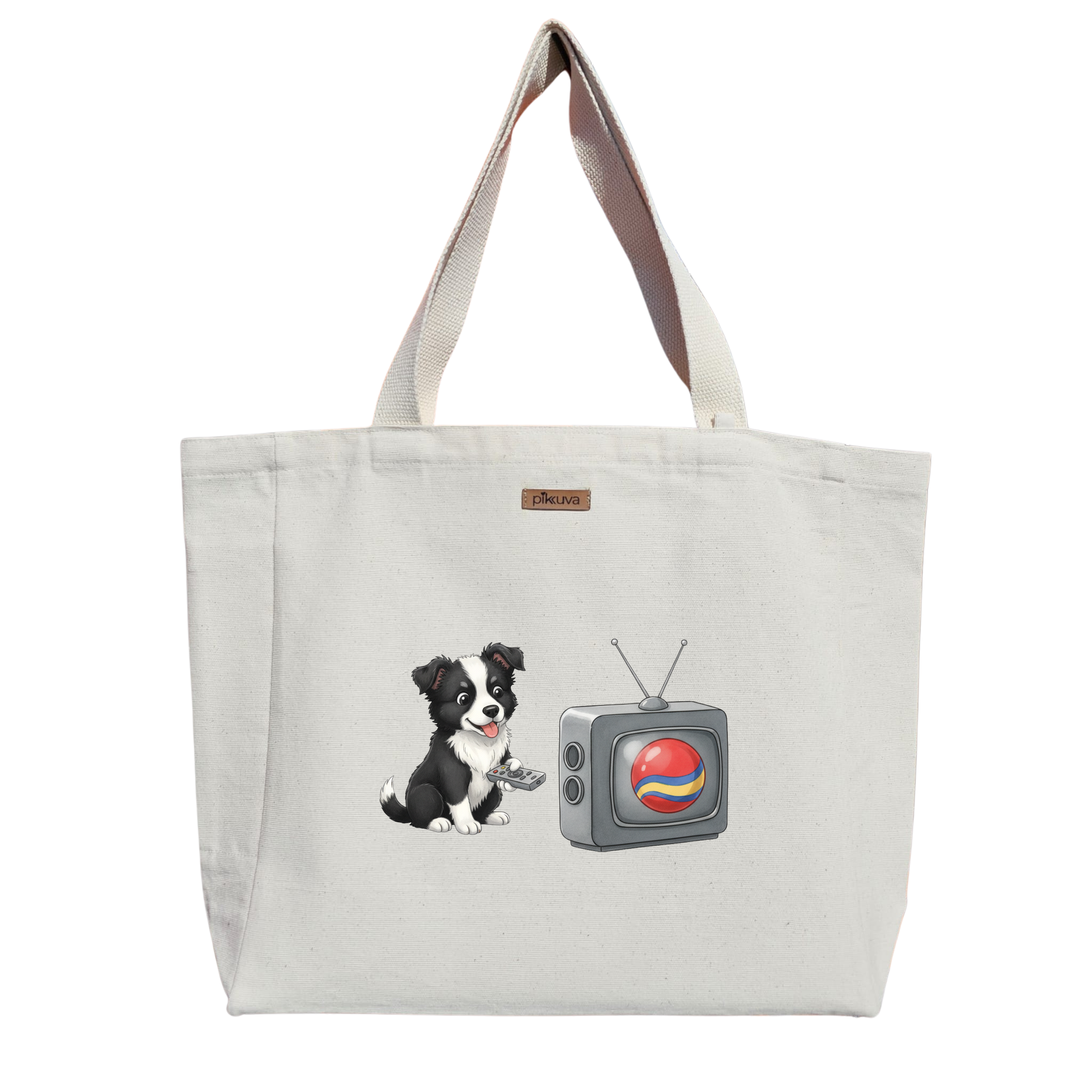 Uzaktan Kumandalı Sevimli Köpek Cute dog with remote control Baskılı Naturel Kanvas Bez Çanta Sap Beyaz Cırt Cırtlı Suluk Tutuculu — 20x24