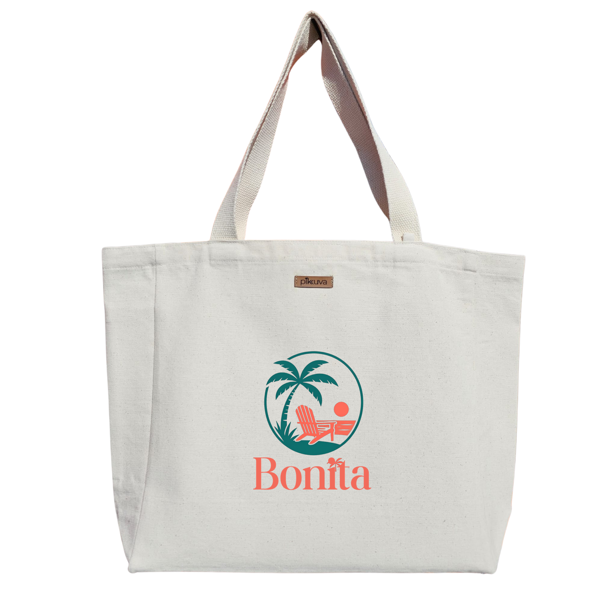 Tropikal Rahatlık Bonita Çanta Tasarımı Tropical Comfort Bag Design Baskılıı Naturel Kanvas Bez Sap Beyaz Cırt Cırtlı Suluk Tutuculu — 12x20