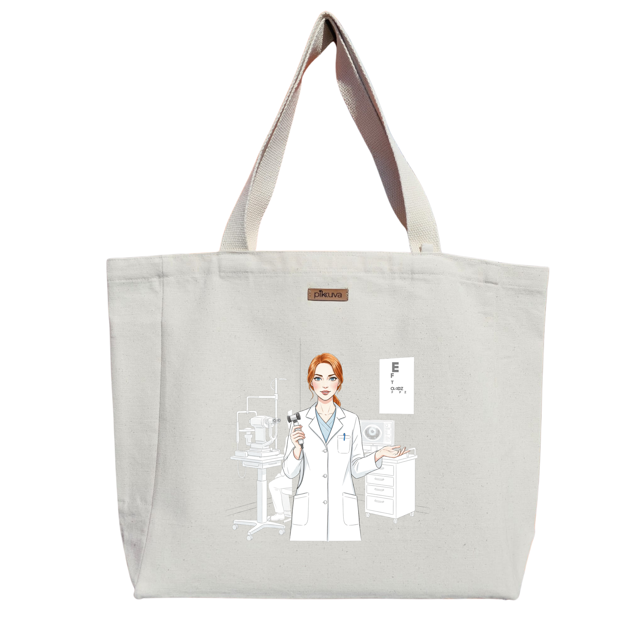 Natural Canvas Tote Bag, Natural Handle, White Velcro, Water Bottle Holder — 20x24
