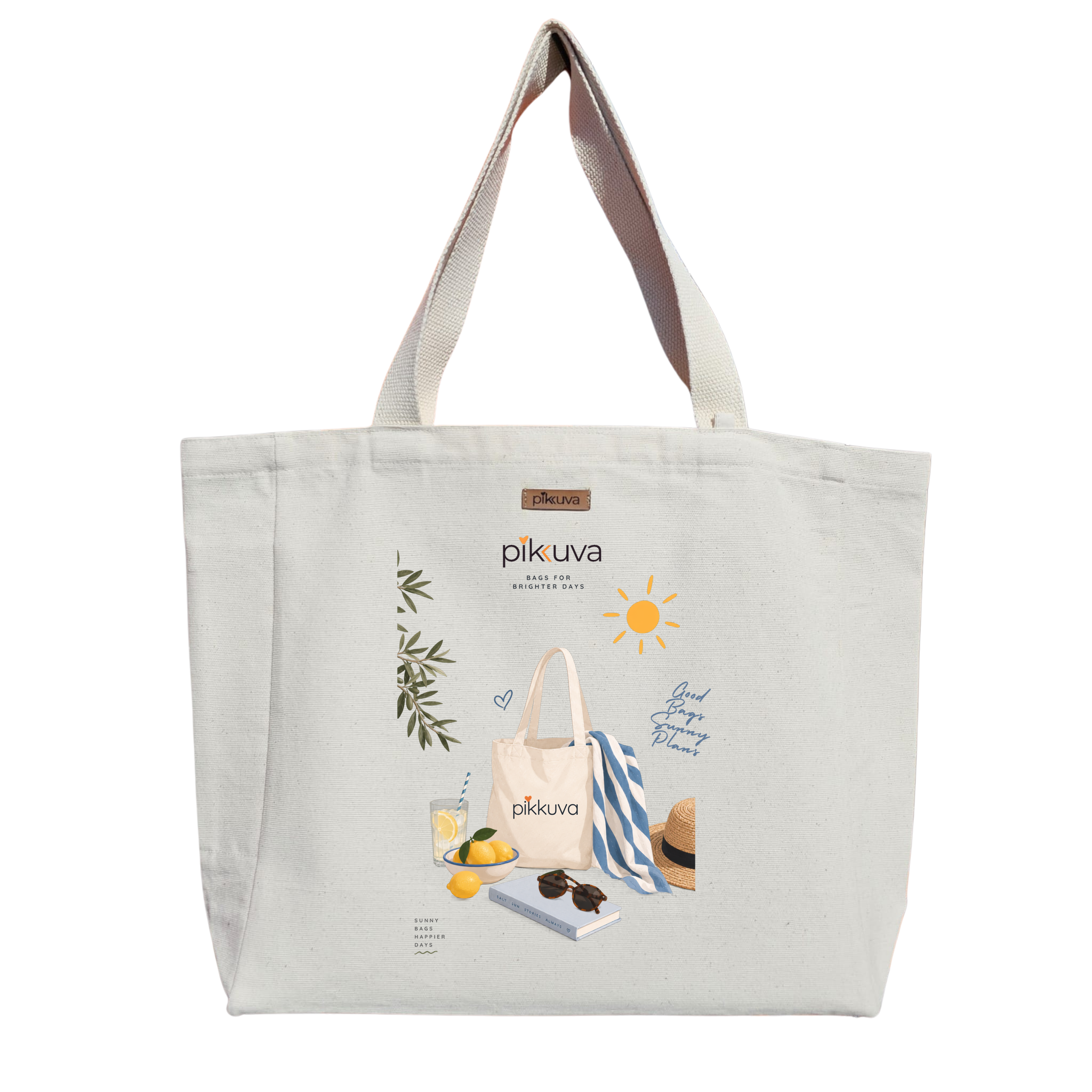 Natural Canvas Tote Bag, Natural Handle, White Velcro, Water Bottle Holder — 20x24