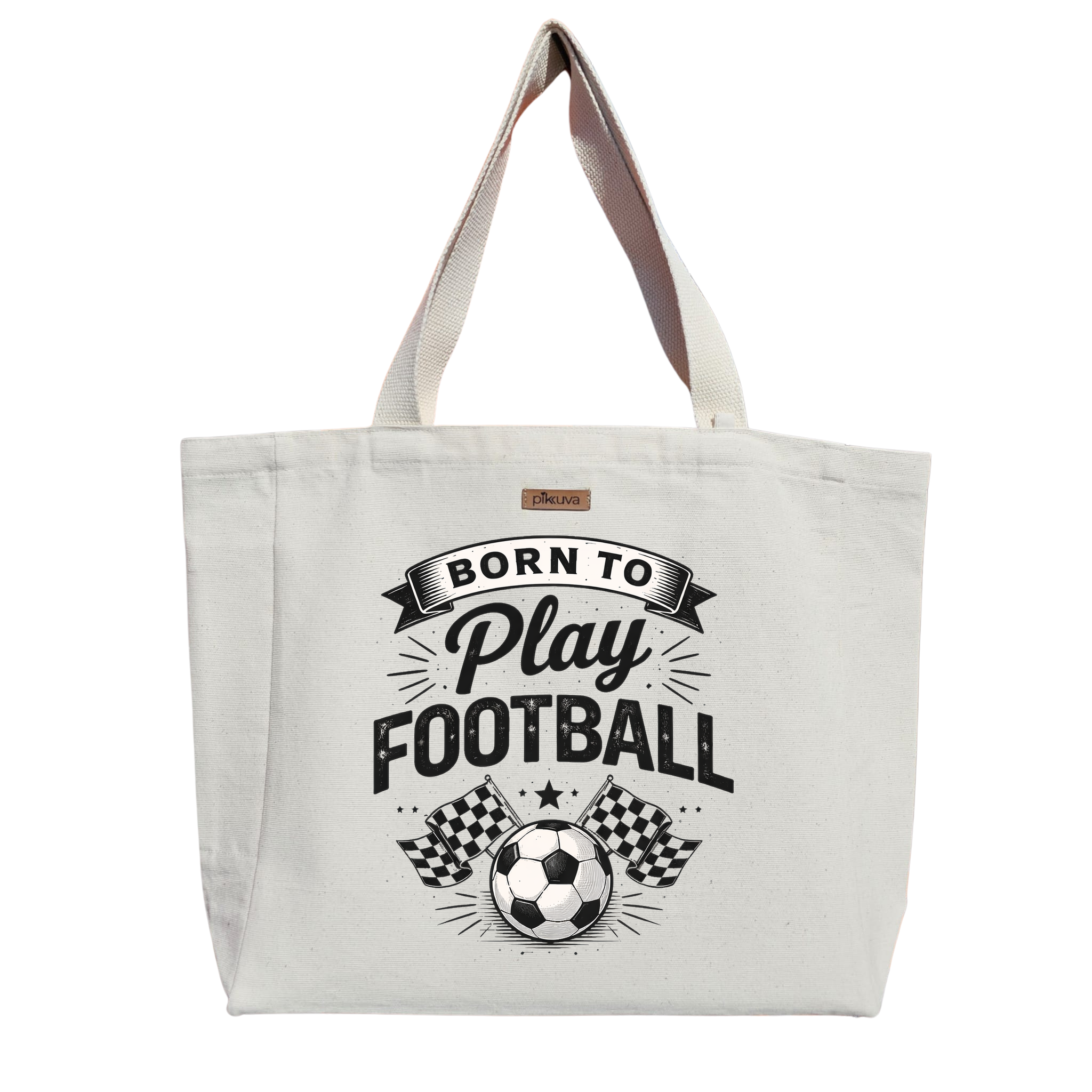 Siyah Beyaz Futbol Topu Logo Vintage OYNAMAK İÇİN DOĞDUM Baskılı Naturel Kanvas Bez Çanta Sap Cırt Cırtlı Suluk Tutuculu — 20x24