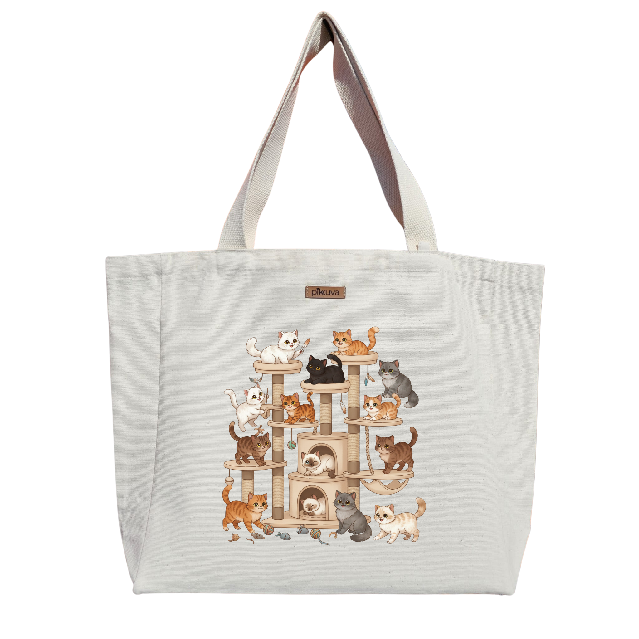 Sevimli Kedi Oyun Alanı Cute Cat Playground Baskılı Naturel Kanvas Bez Çanta Sap Beyaz Cırt Cırtlı Suluk Tutuculu — 20x24