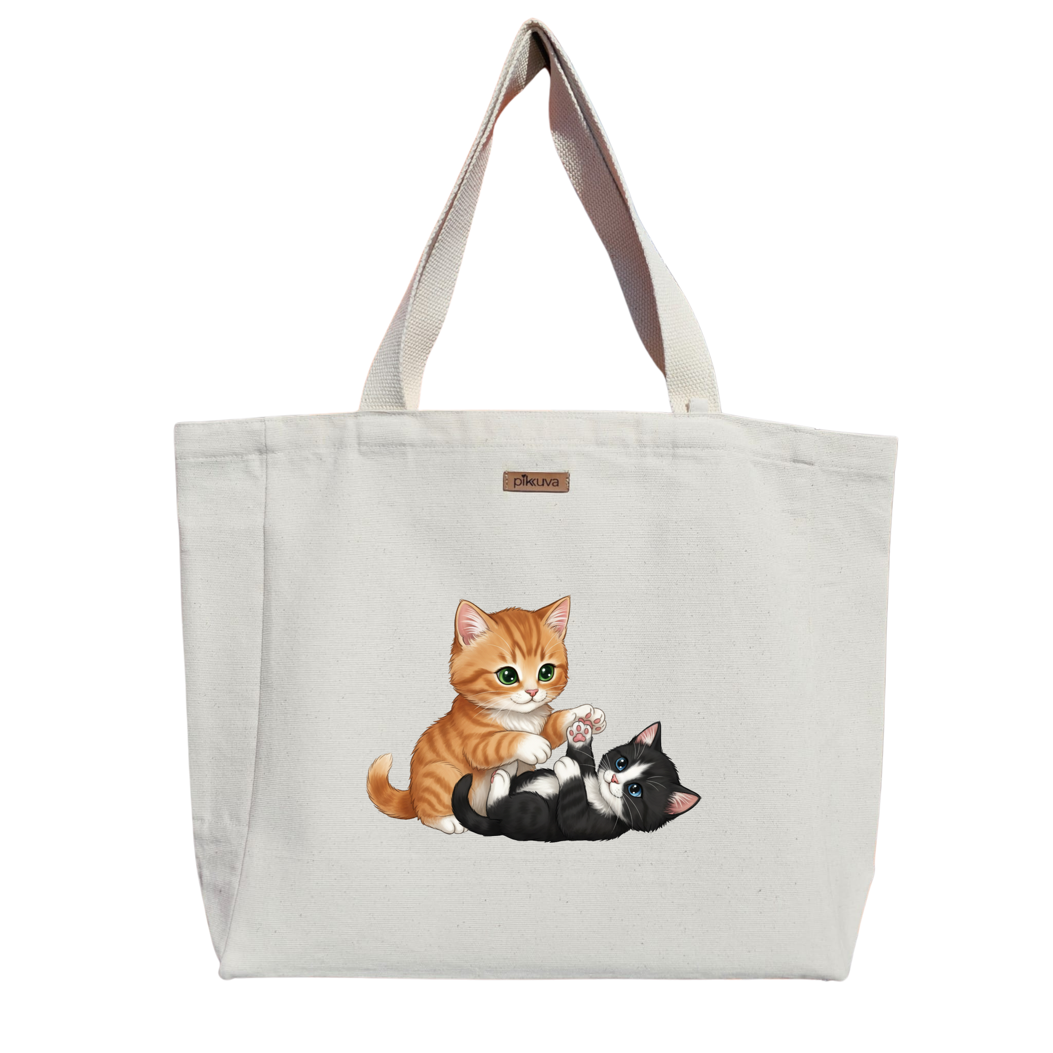 Natural Canvas Tote Bag, Natural Handle, White Velcro, Water Bottle Holder — 20x24
