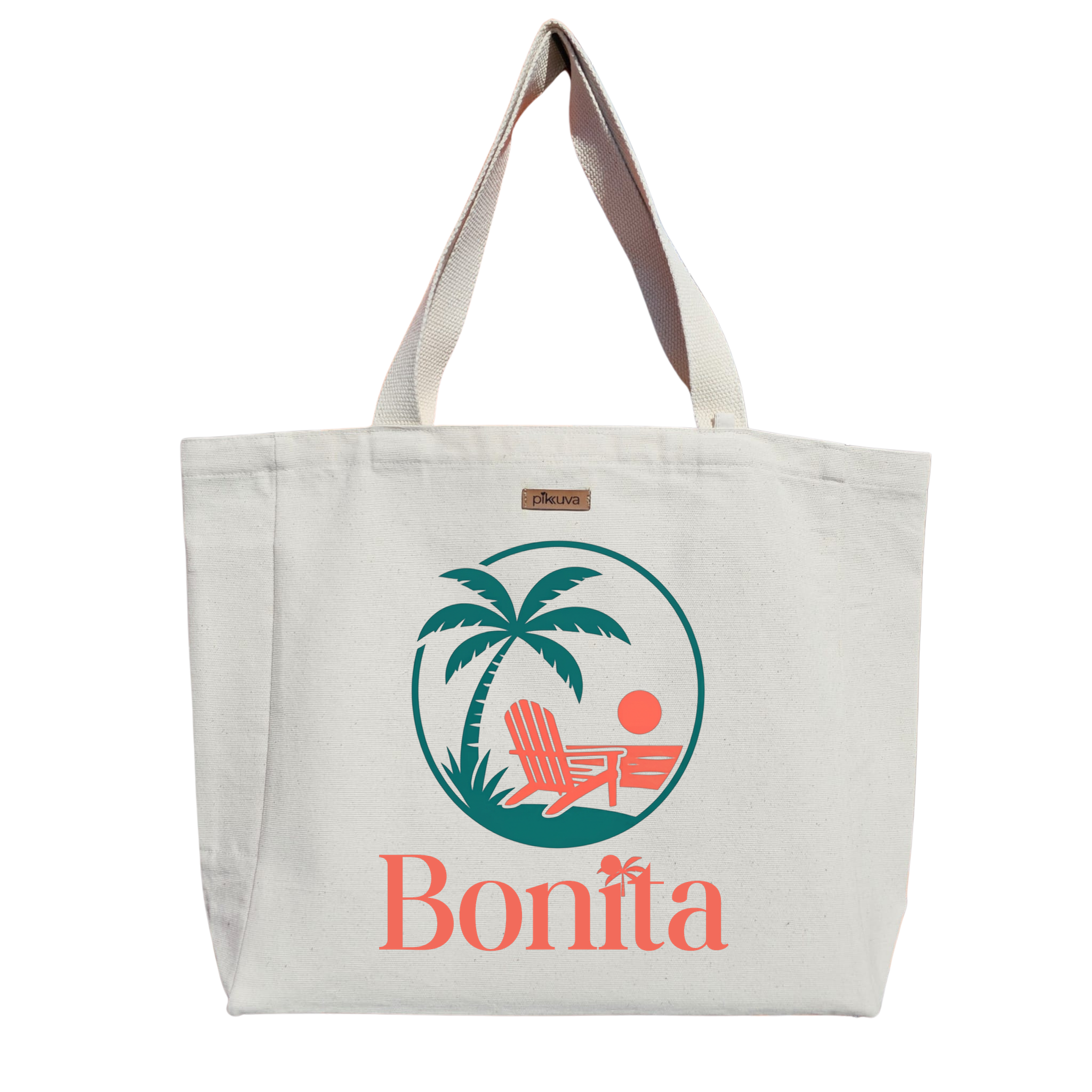 Tropikal Rahatlık Bonita Çanta Tasarımı Tropical Comfort Bag Design Baskılıı Naturel Kanvas Bez Sap Beyaz Cırt Cırtlı Suluk Tutuculu — 20x24