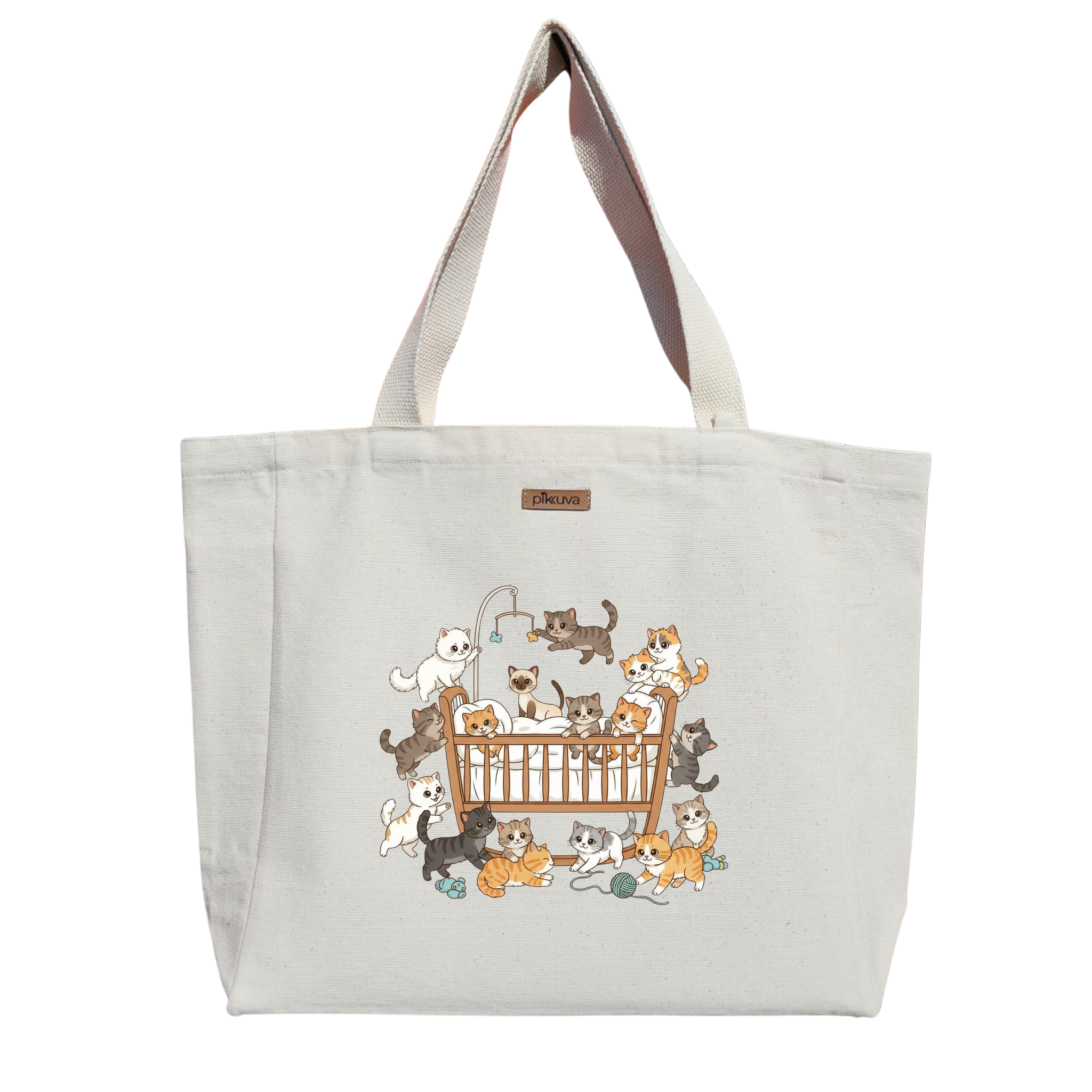 Natural Canvas Tote Bag, Natural Handle, White Velcro, Water Bottle Holder — 20x24
