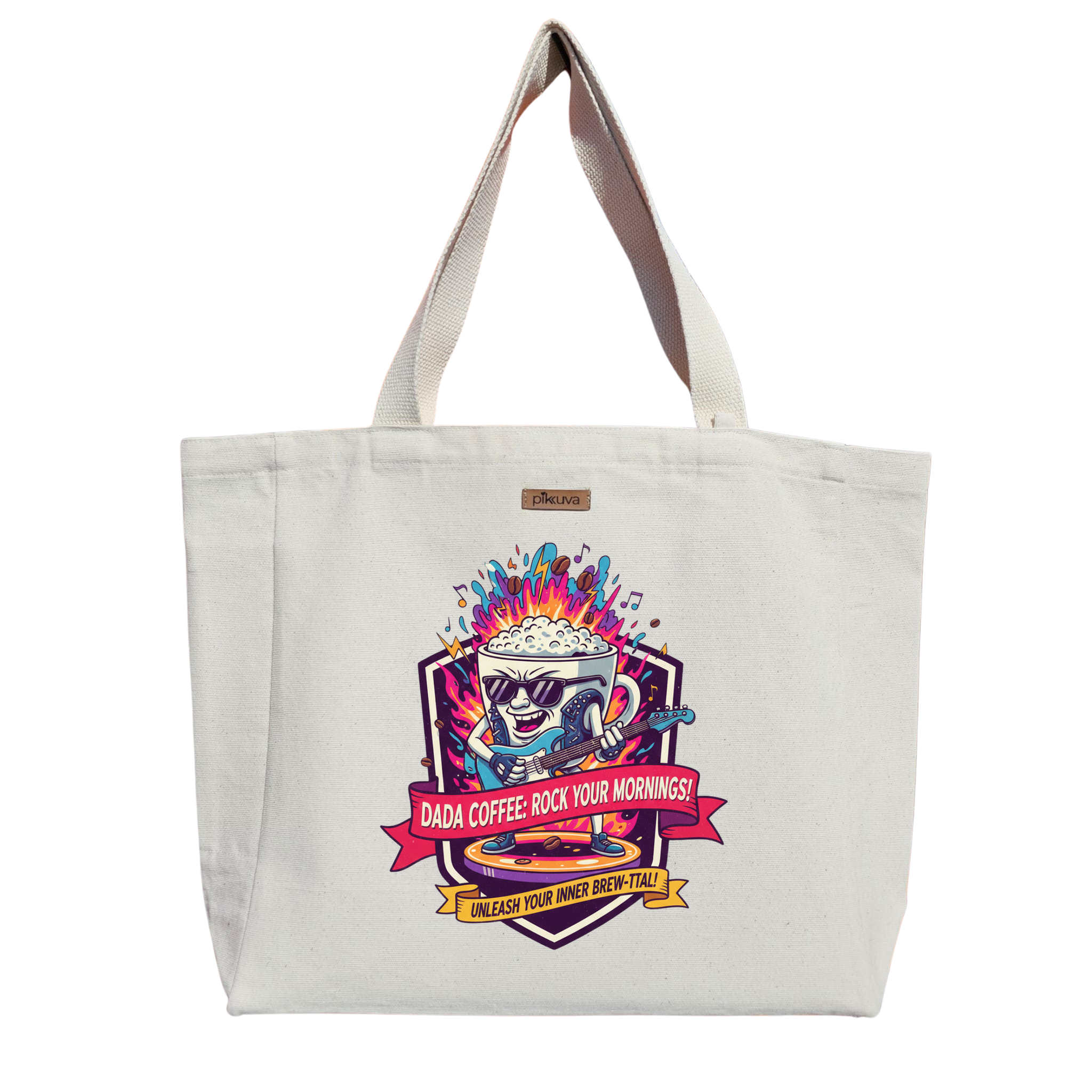 Natural Canvas Tote Bag, Natural Handle, White Velcro, Water Bottle Holder — 20x24