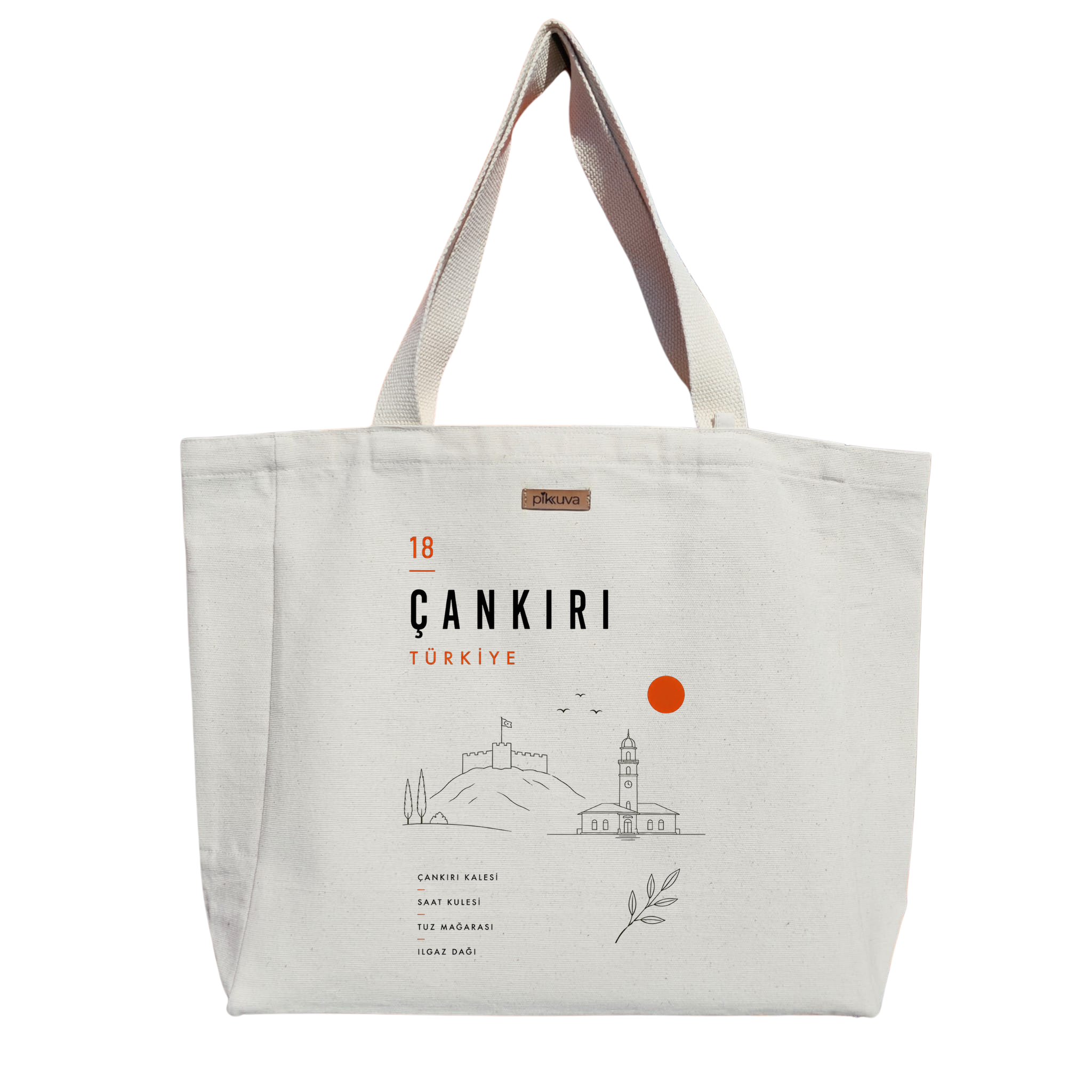 Natural Canvas Tote Bag, Natural Handle, White Velcro, Water Bottle Holder — 20x24