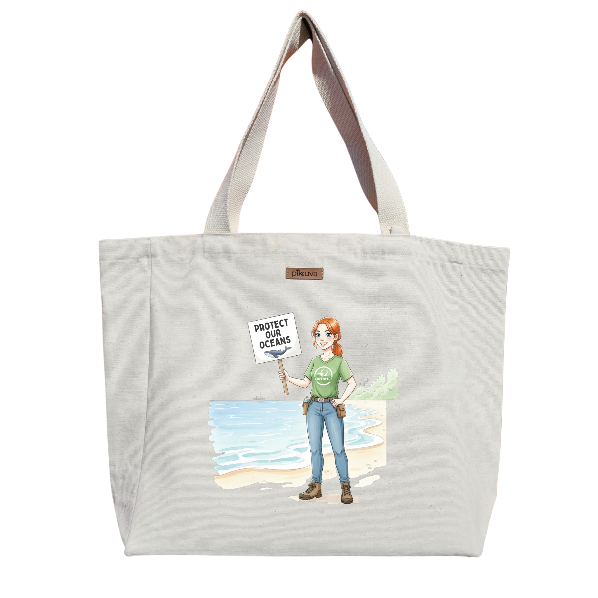 Natural Canvas Tote Bag, Natural Handle, White Velcro, Water Bottle Holder — 20x24