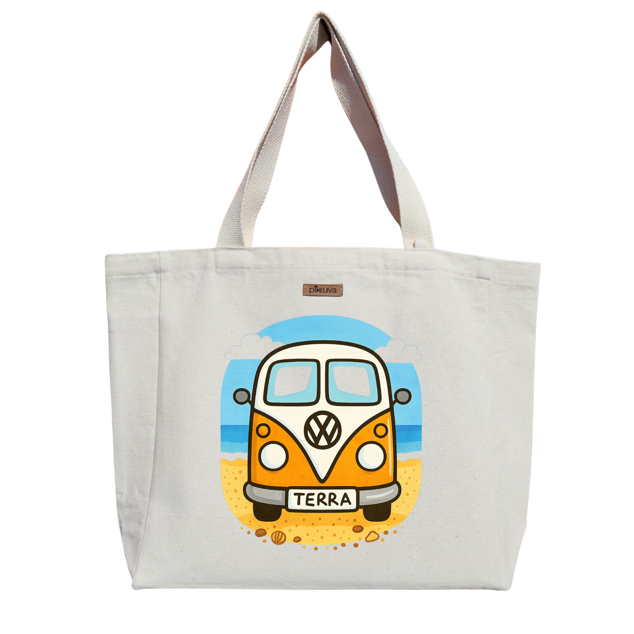 Natural Canvas Tote Bag, Natural Handle, White Velcro, Water Bottle Holder — 20x24