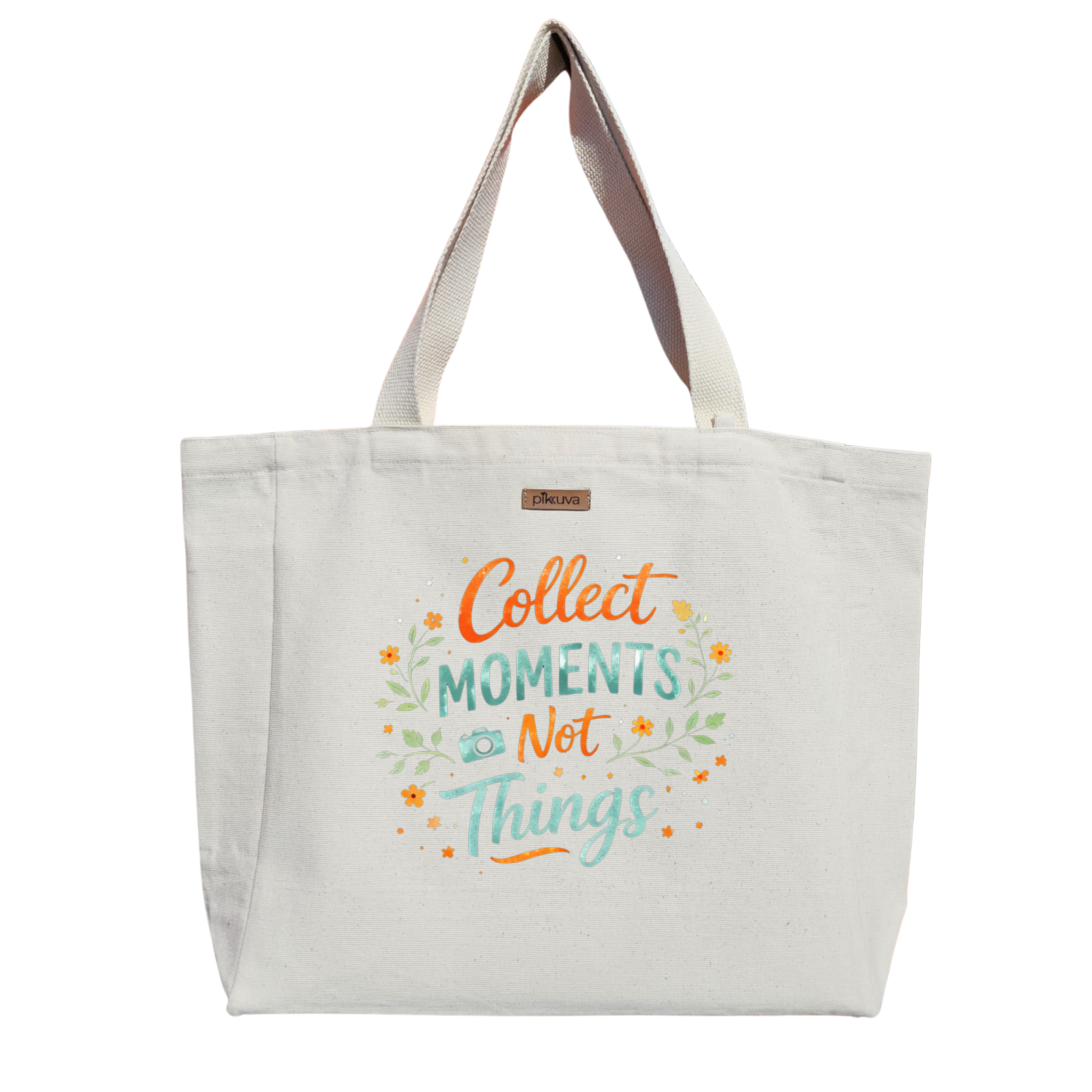 Natural Canvas Tote Bag, Natural Handle, White Velcro, Water Bottle Holder