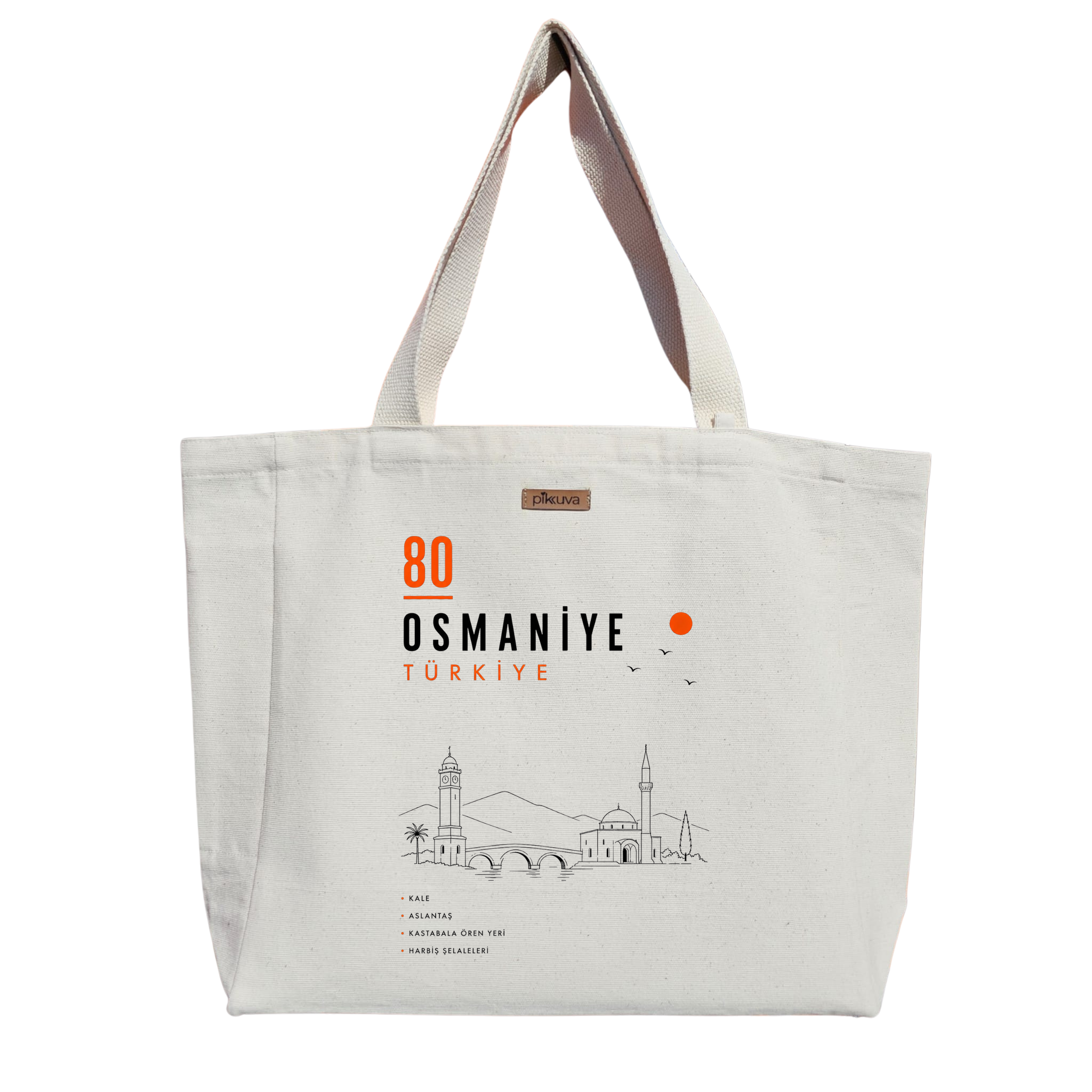 Natural Canvas Tote Bag, Natural Handle, White Velcro, Water Bottle Holder — 20x24