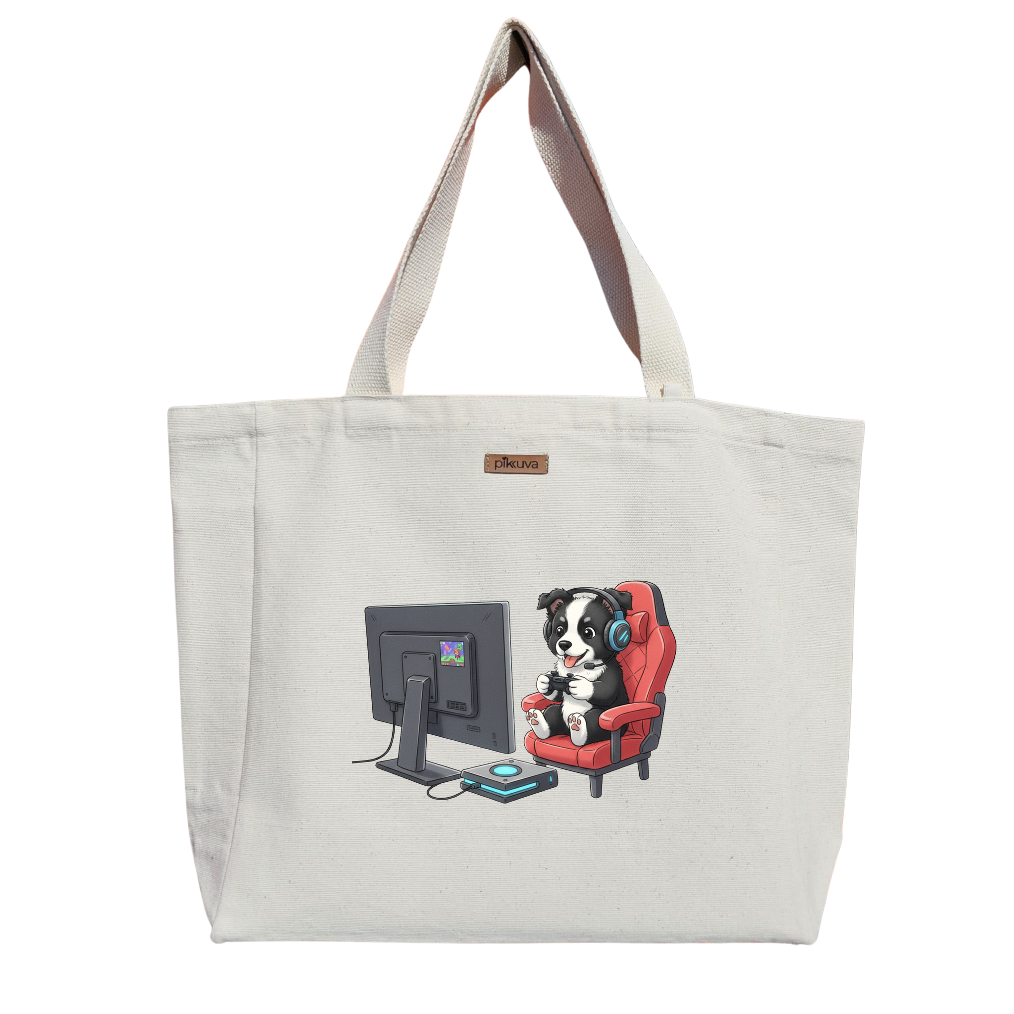Oyun Oynayan Sevimli Köpek Cute dog playing games Baskılı Naturel Kanvas Bez Çanta Sap Beyaz Cırt Cırtlı Suluk Tutuculu — 20x24