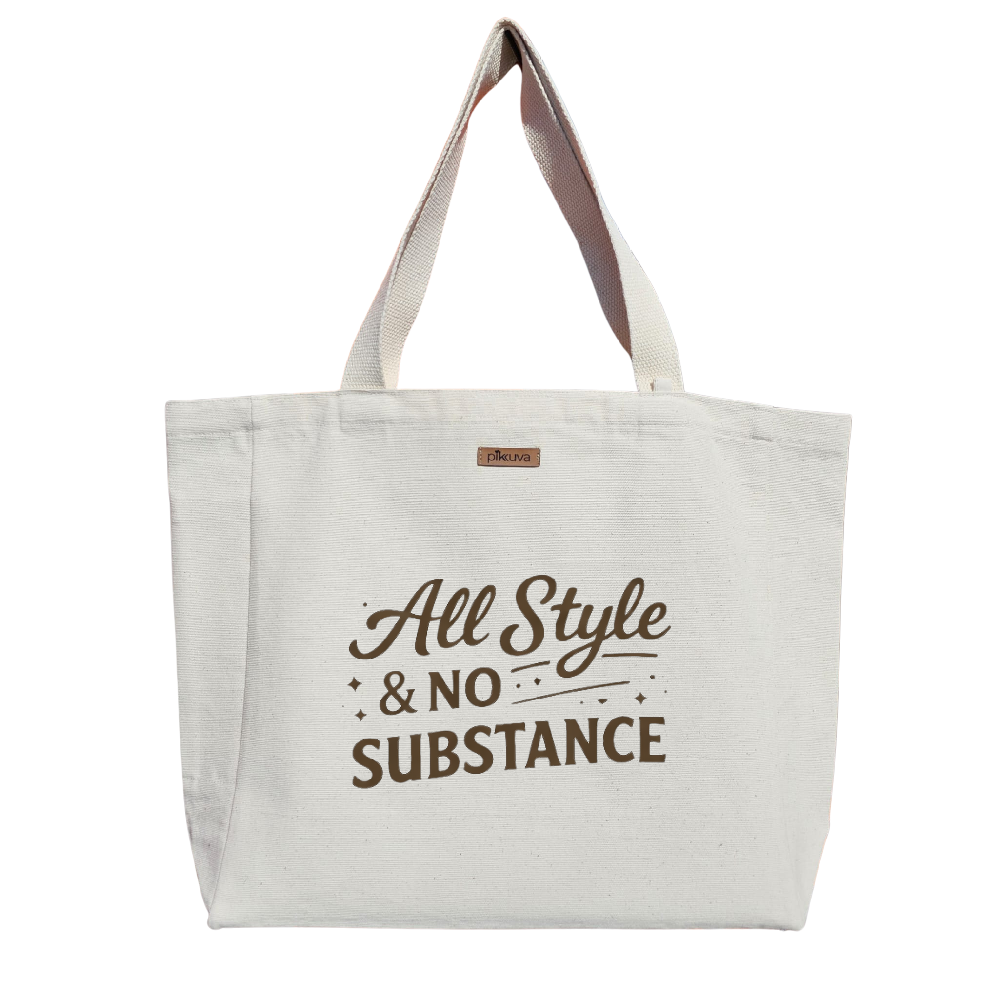 Kahverengi Logo Detayı Şık Stil Tasarımı Modern All Style & No Substance Baskılı Naturel Kanvas Bez Çanta Sap Beyaz Cırt Cırtlı Suluk Tutuculu — 20x24