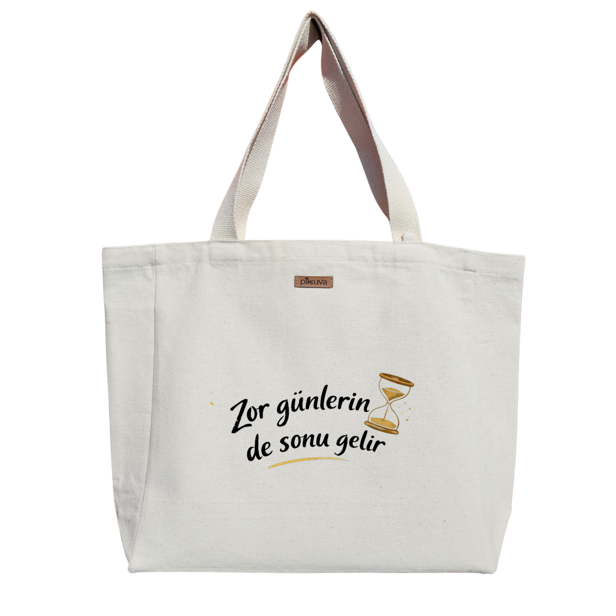 Natural Canvas Tote Bag, Natural Handle, White Velcro, Water Bottle Holder