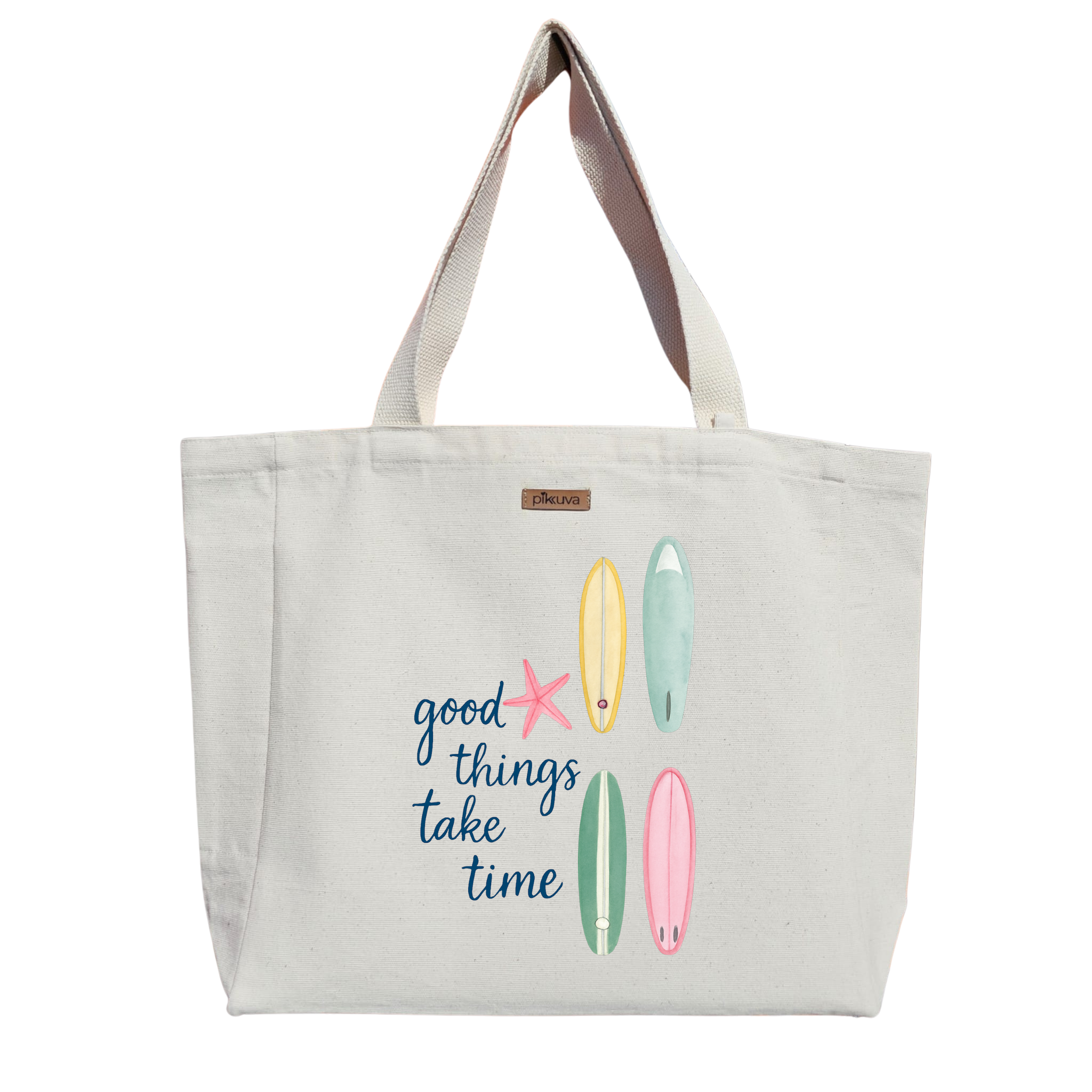 Natural Canvas Tote Bag, Natural Handle, White Velcro, Water Bottle Holder — 20x24