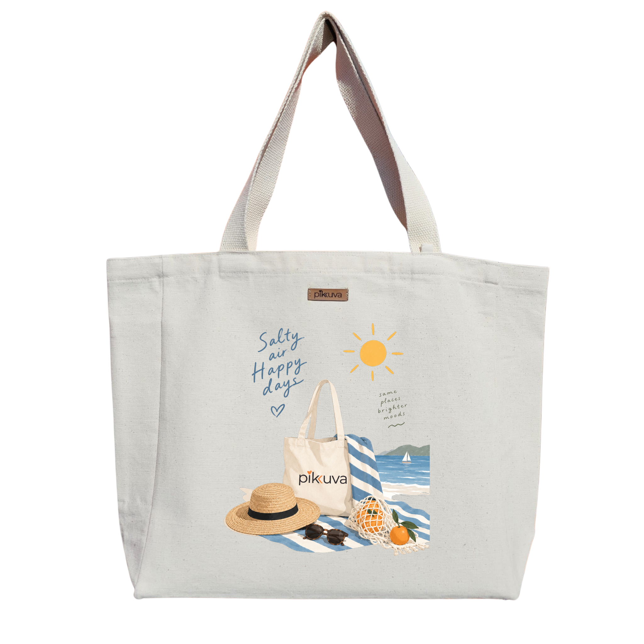 Deniz Temalı Mutluluk Çantası Salty air Happy days Baskılı Naturel Kanvas Bez Çanta Sap Beyaz Cırt Cırtlı Suluk Tutuculu — 20x24