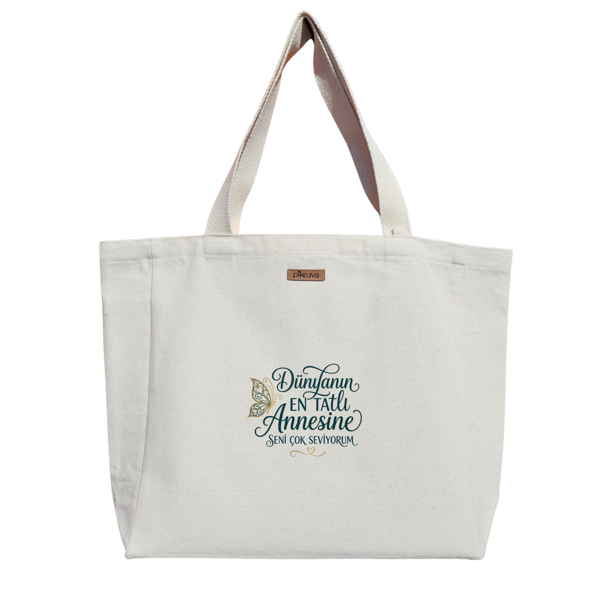 Natural Canvas Tote Bag, Natural Handle, White Velcro, Water Bottle Holder — 12x20