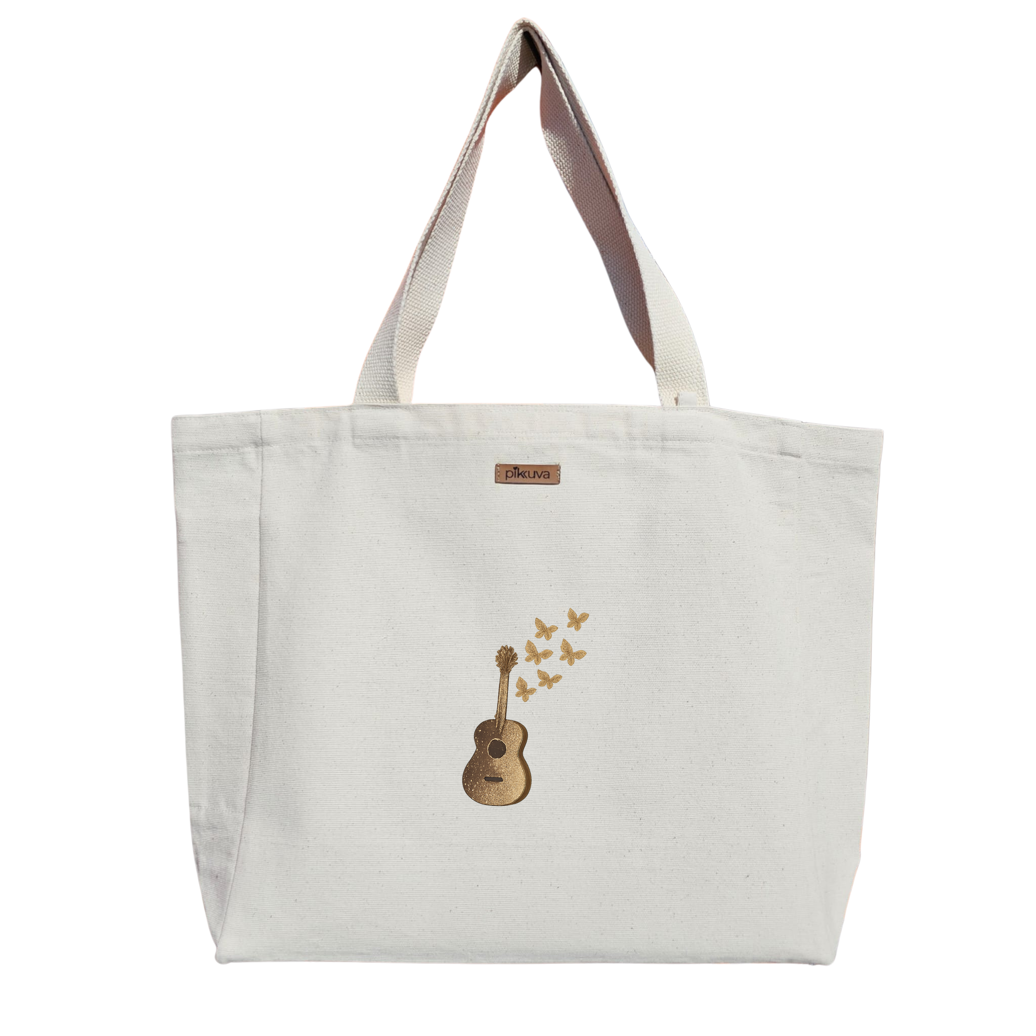 Altın Gitar ve Kelebekler Gold guitar and butterflies Baskılı Naturel Kanvas Bez Çanta Sap Beyaz Cırt Cırtlı Suluk Tutuculu