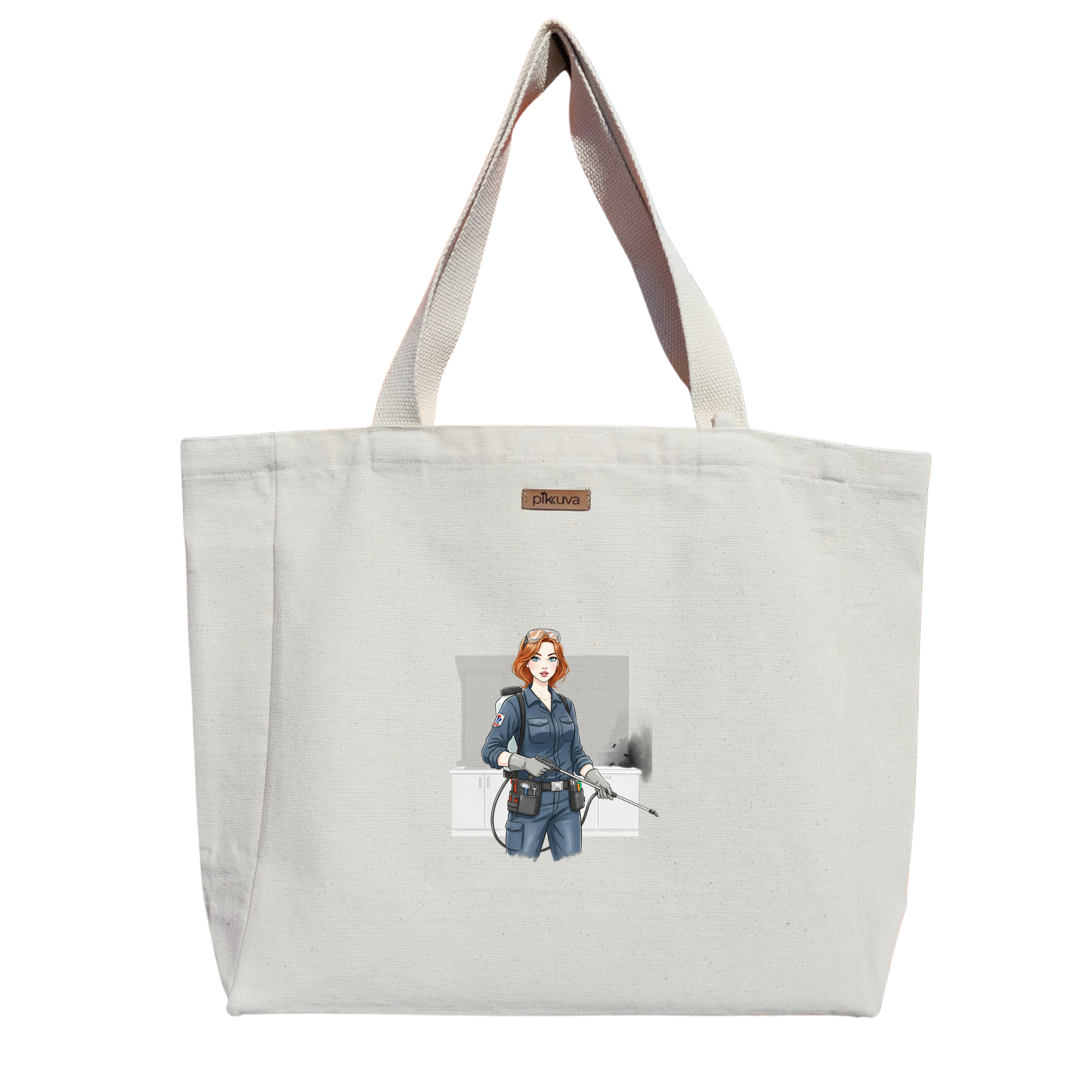 Natural Canvas Tote Bag, Natural Handle, White Velcro, Water Bottle Holder — 12x20
