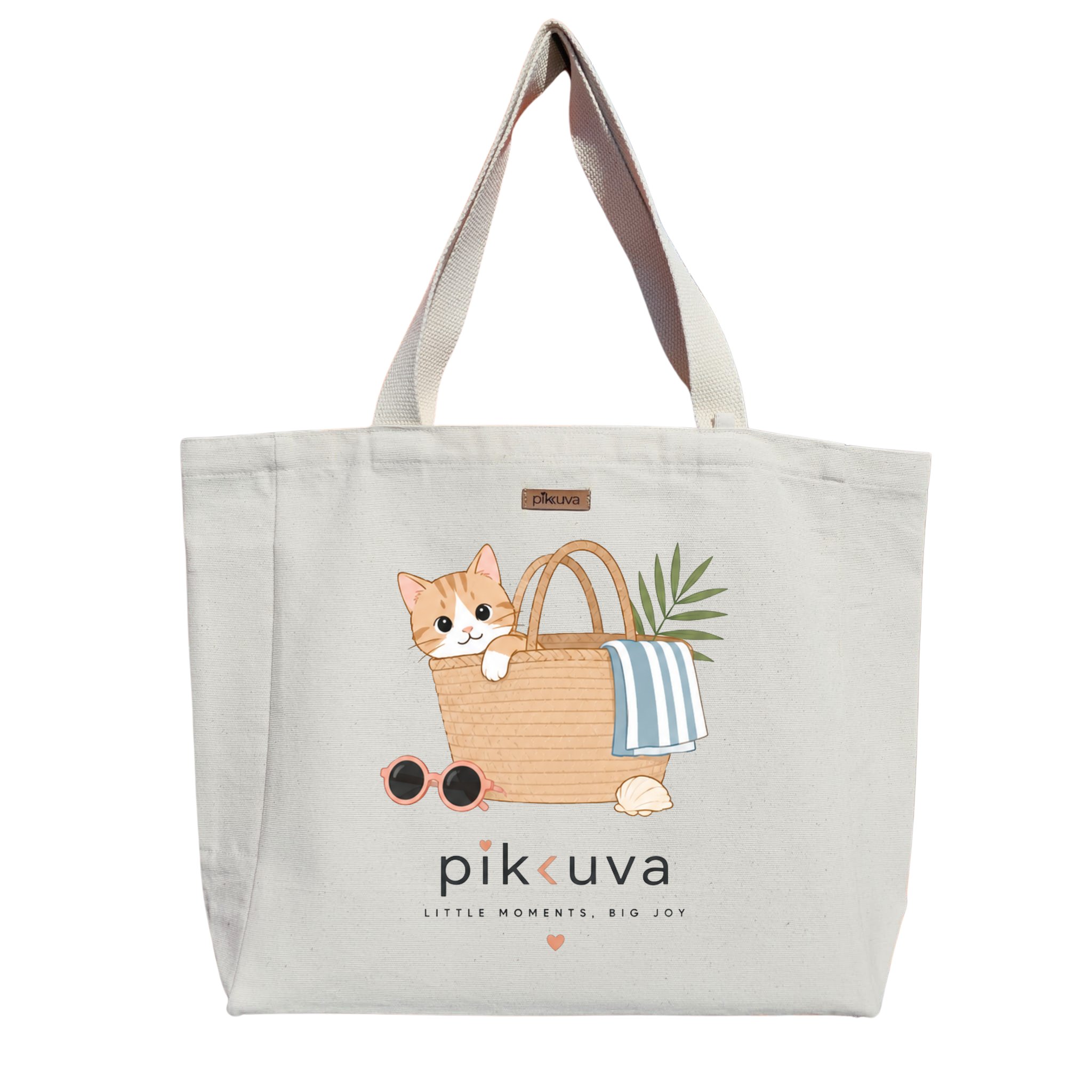Natural Canvas Tote Bag, Natural Handle, White Velcro, Water Bottle Holder — 20x24