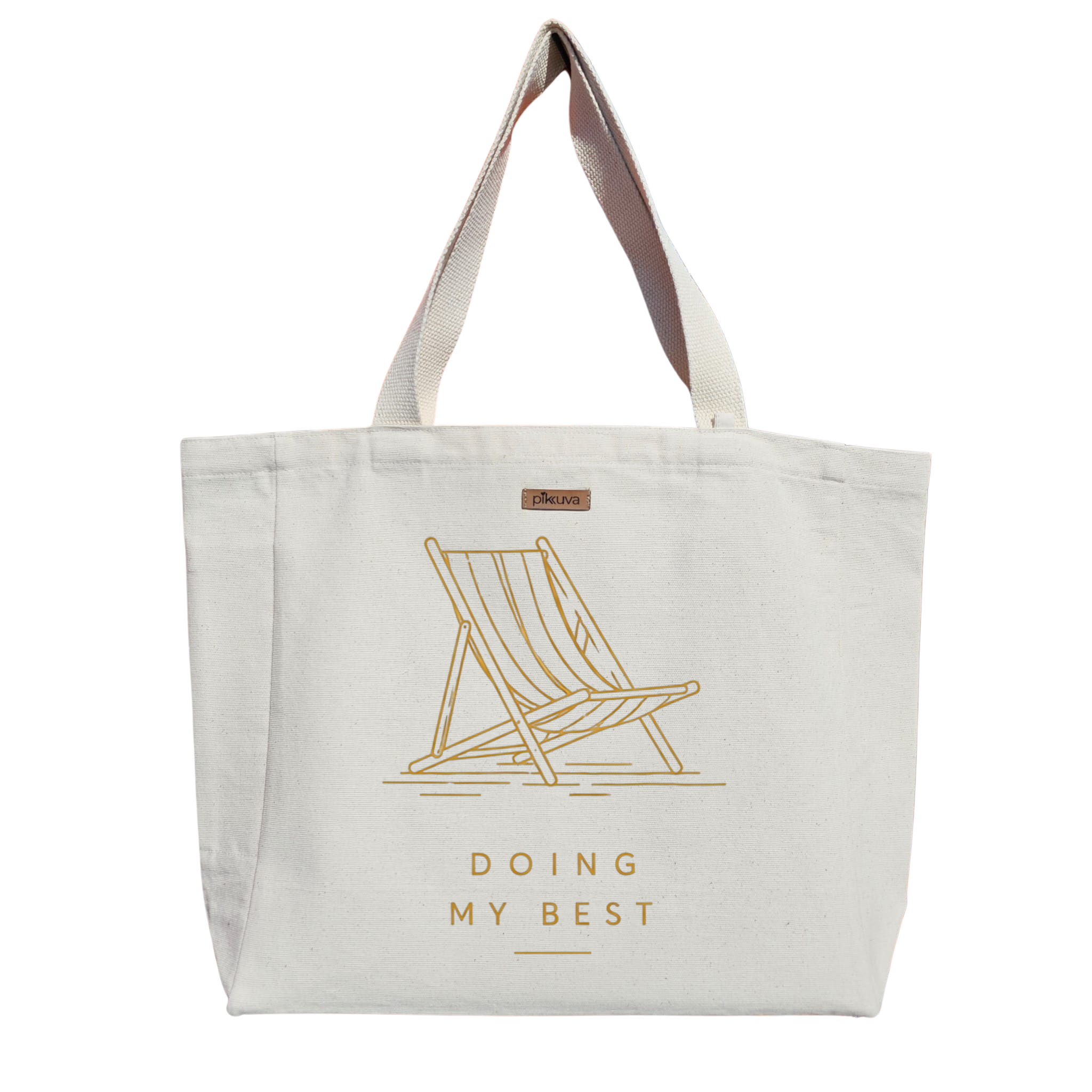 Natural Canvas Tote Bag, Natural Handle, White Velcro, Water Bottle Holder — 20x24