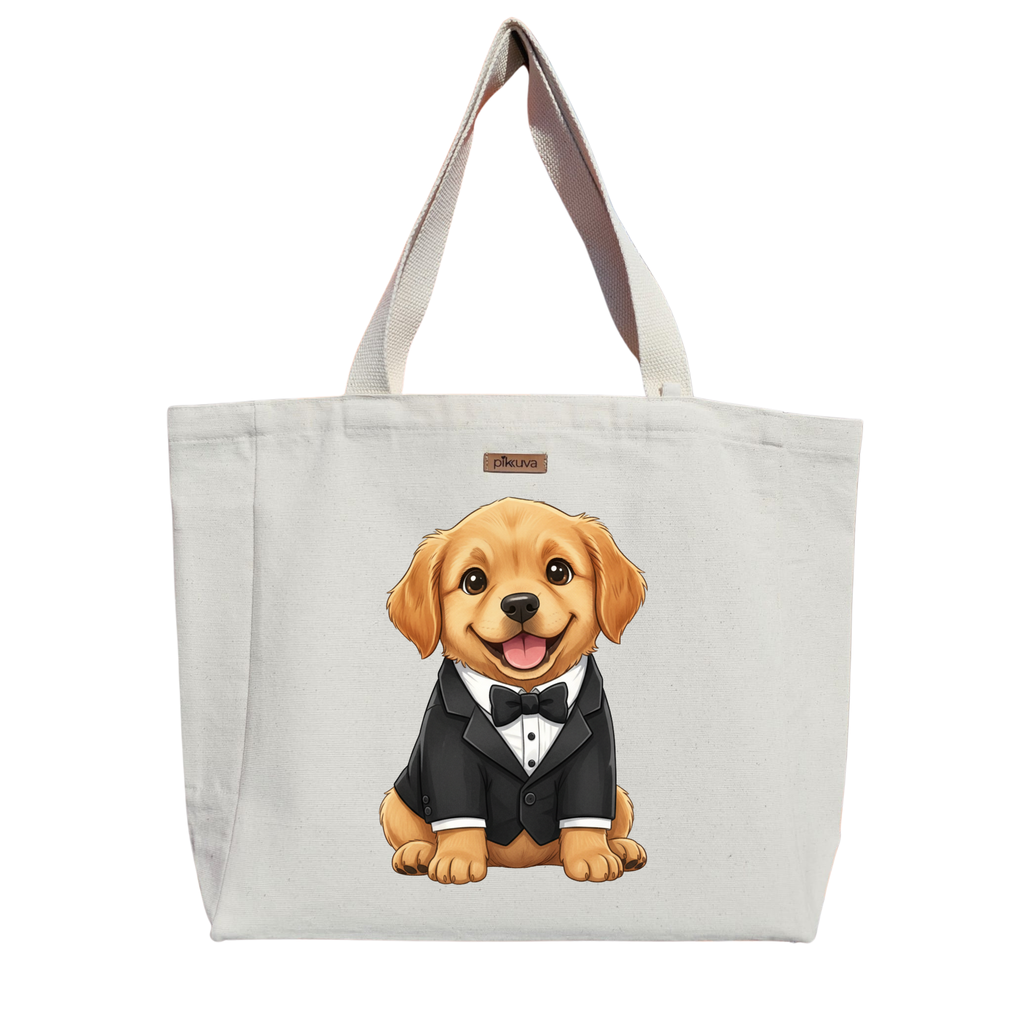 Natural Canvas Tote Bag, Natural Handle, White Velcro, Water Bottle Holder — 20x24