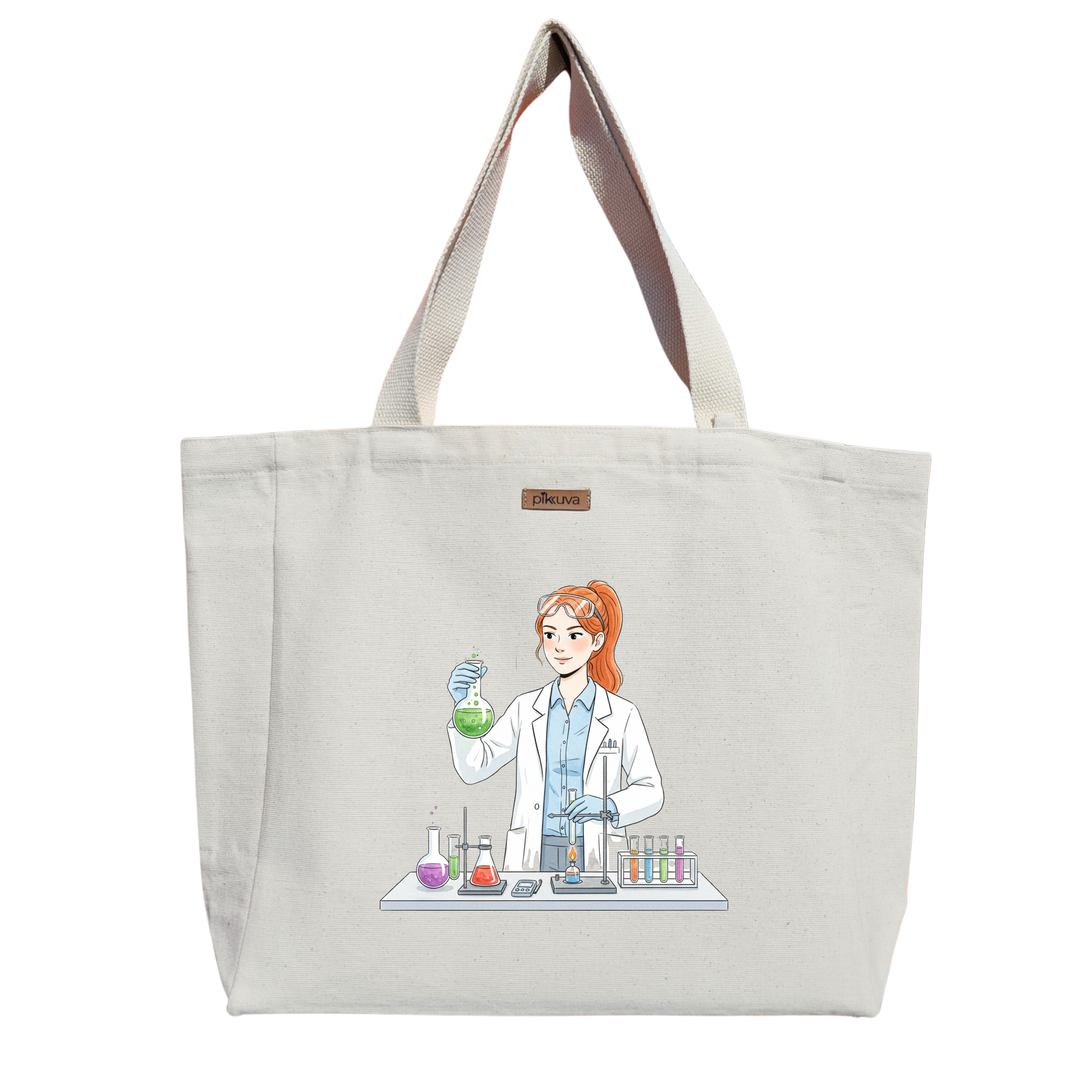 Natural Canvas Tote Bag, Natural Handle, White Velcro, Water Bottle Holder — 20x24