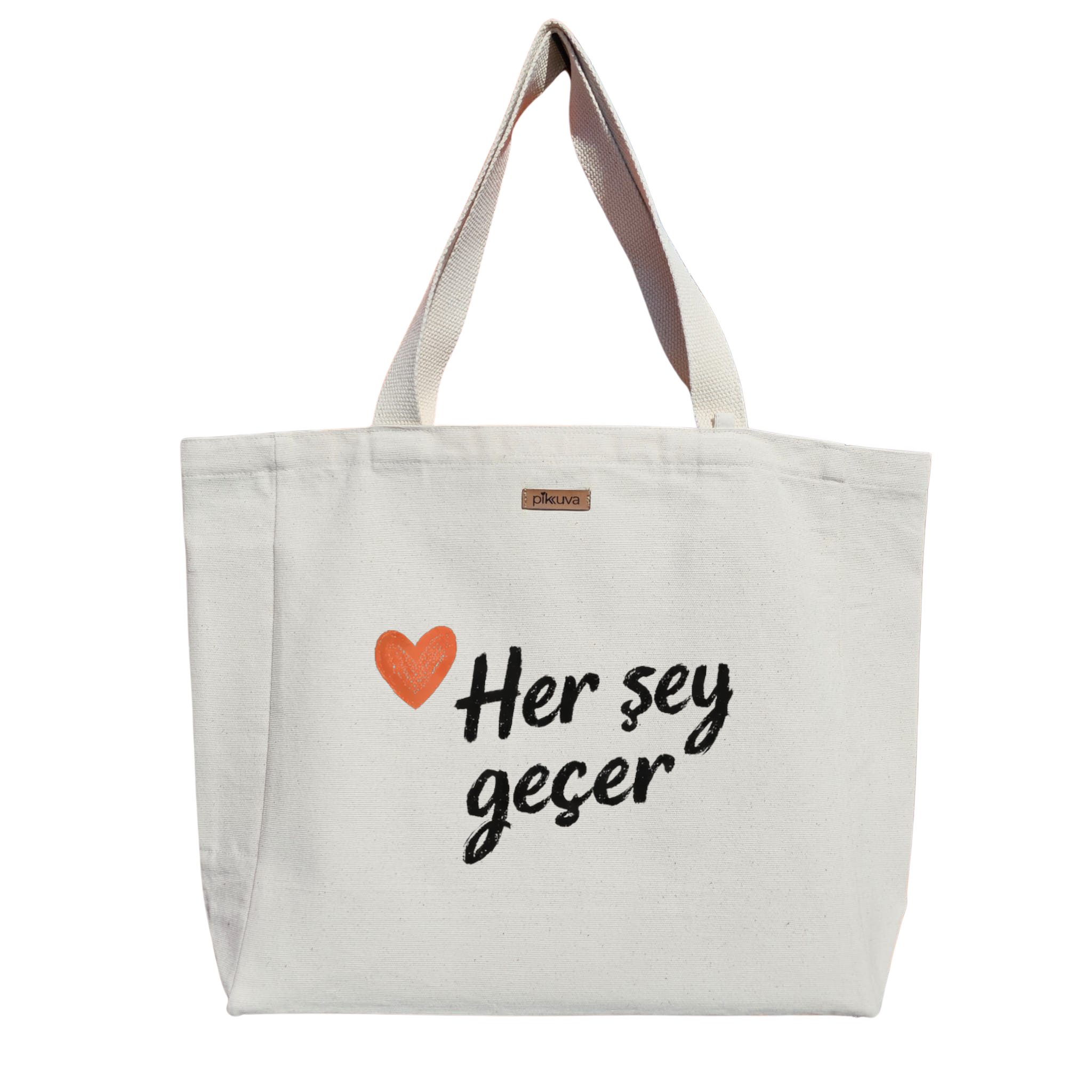 Kalp ve Geçici Anlar Baskılı Naturel Kanvas Bez Çanta Sap Beyaz Cırt Cırtlı Suluk Tutuculu