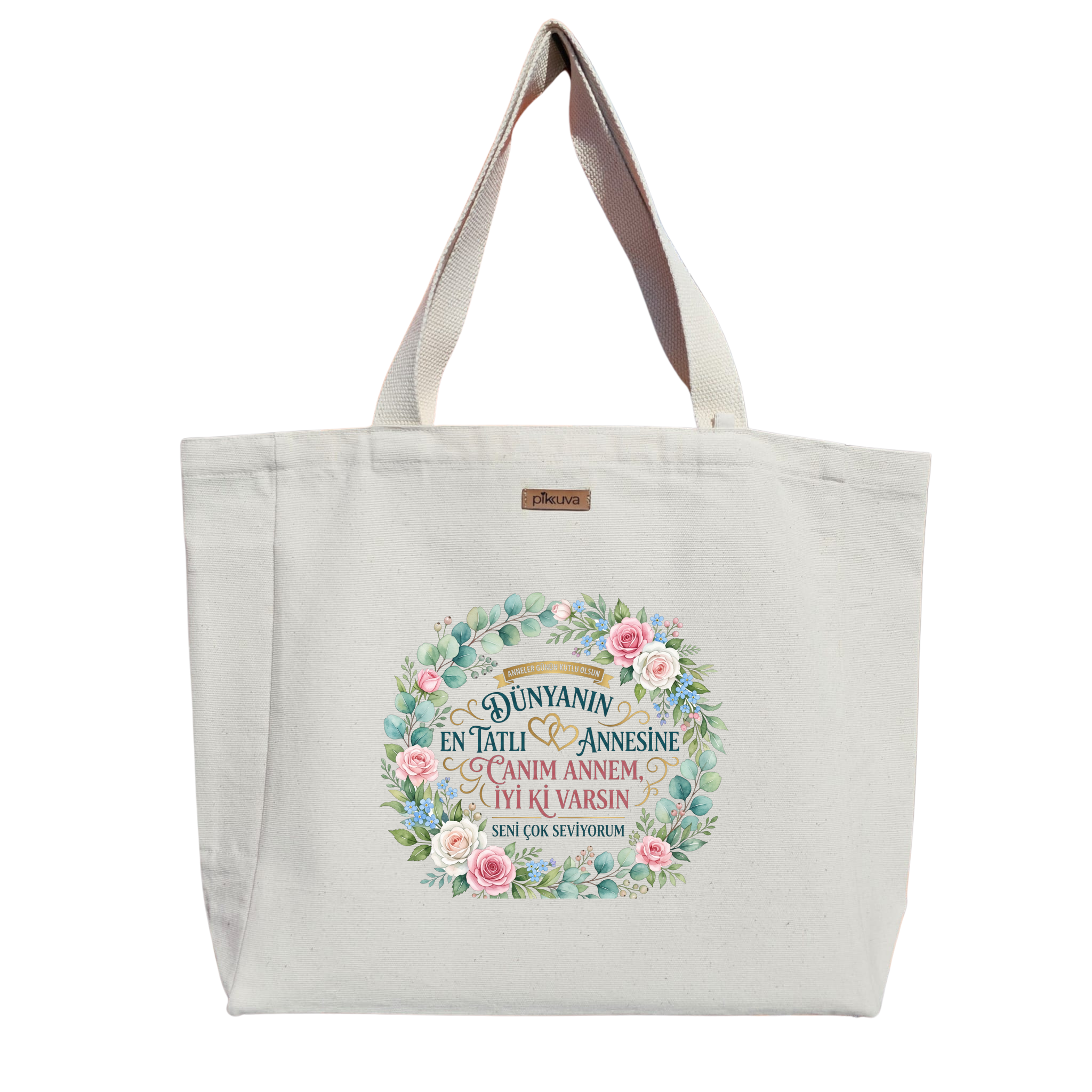 Anneler Günü İçin Çiçekli Tasarım Happy Mother's Day Baskılıı Naturel Kanvas Bez Çanta Sap Beyaz Cırt Cırtlı Suluk Tutuculu — 20x24