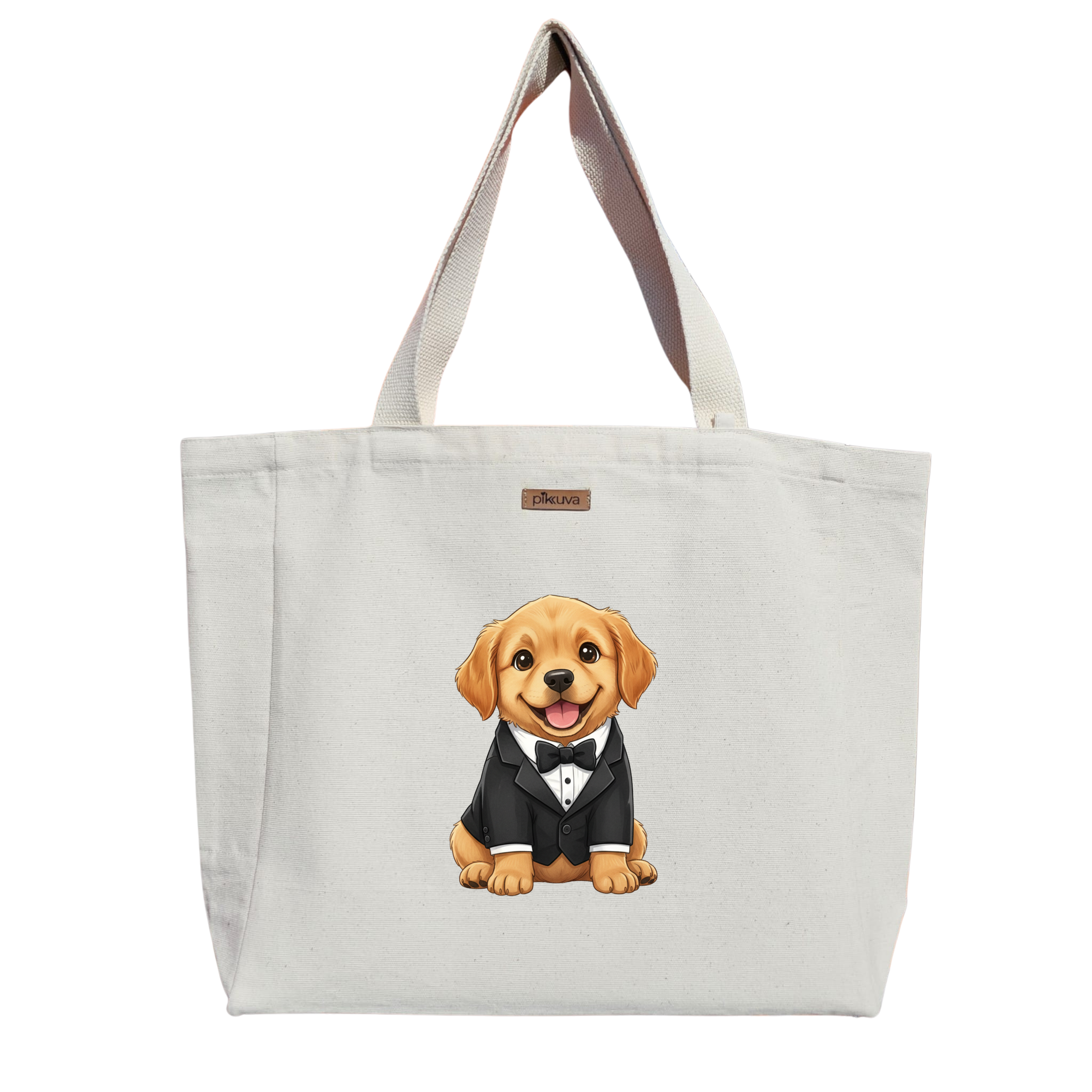 Natural Canvas Tote Bag, Natural Handle, White Velcro, Water Bottle Holder — 12x20