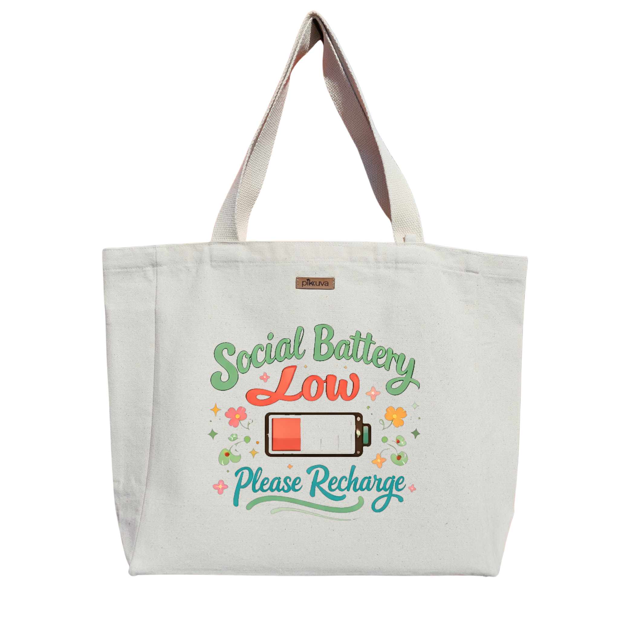 Natural Canvas Tote Bag, Natural Handle, White Velcro, Water Bottle Holder — 24x20