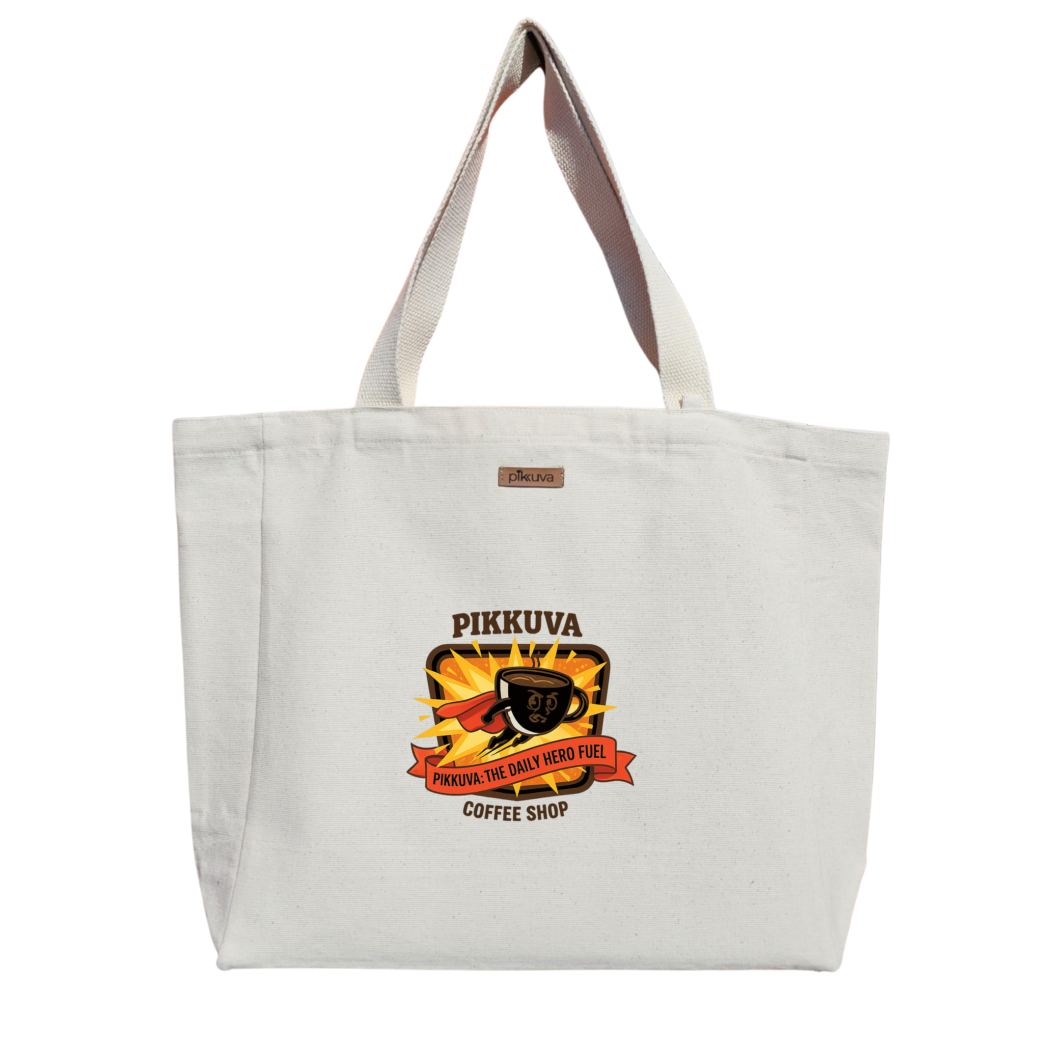Natural Canvas Tote Bag, Natural Handle, White Velcro, Water Bottle Holder — 20x24