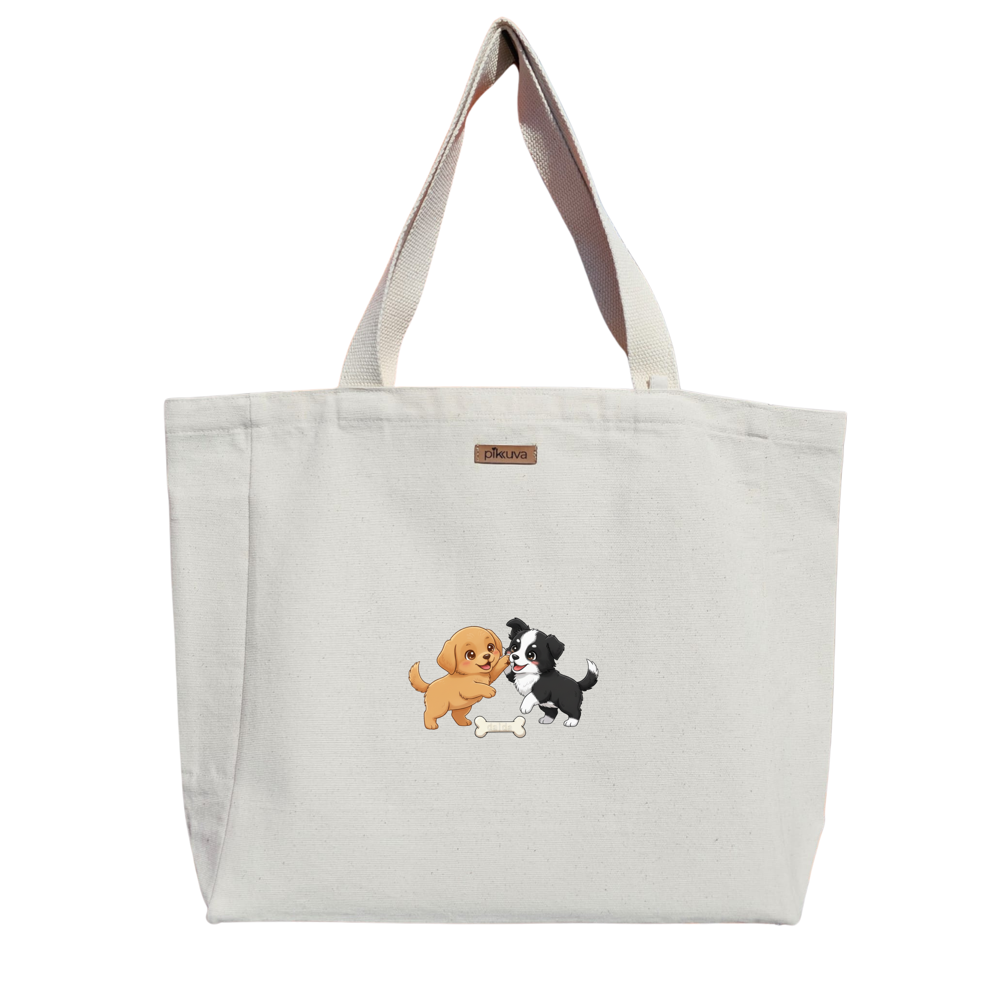 Natural Canvas Tote Bag, Natural Handle, White Velcro, Water Bottle Holder — 12x20