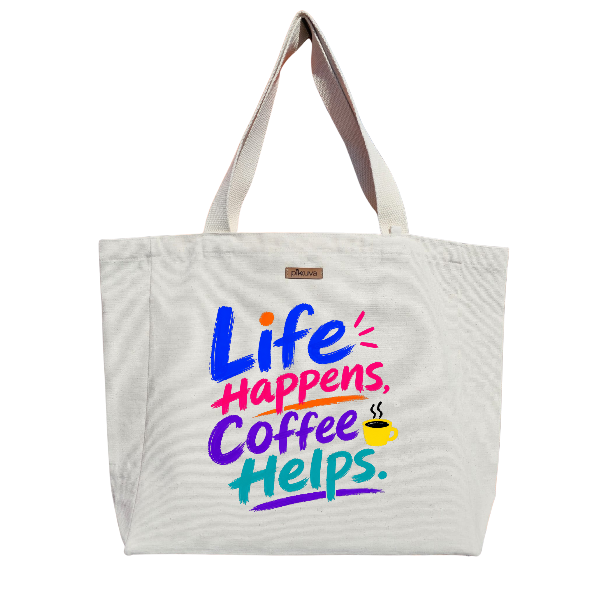Natural Canvas Tote Bag, Natural Handle, White Velcro, Water Bottle Holder — 20x24