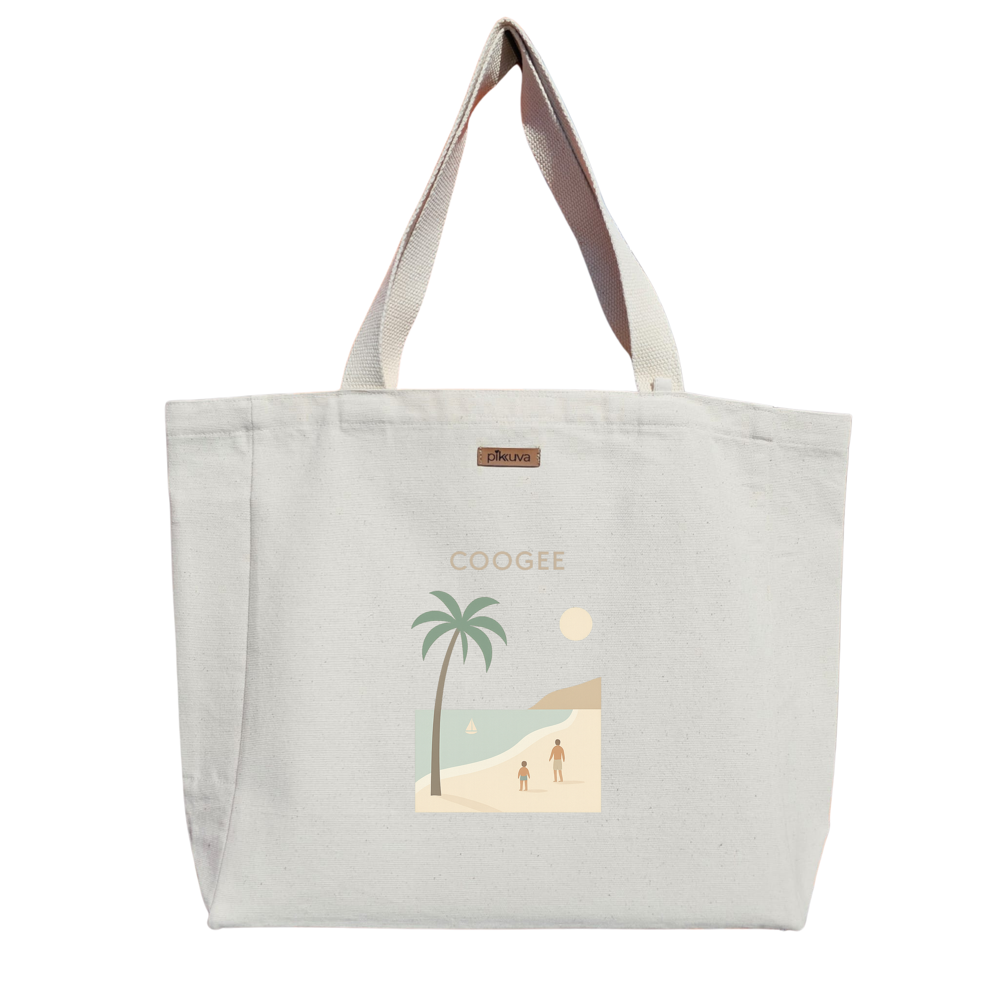 Natural Canvas Tote Bag, Natural Handle, White Velcro, Water Bottle Holder — 12x20