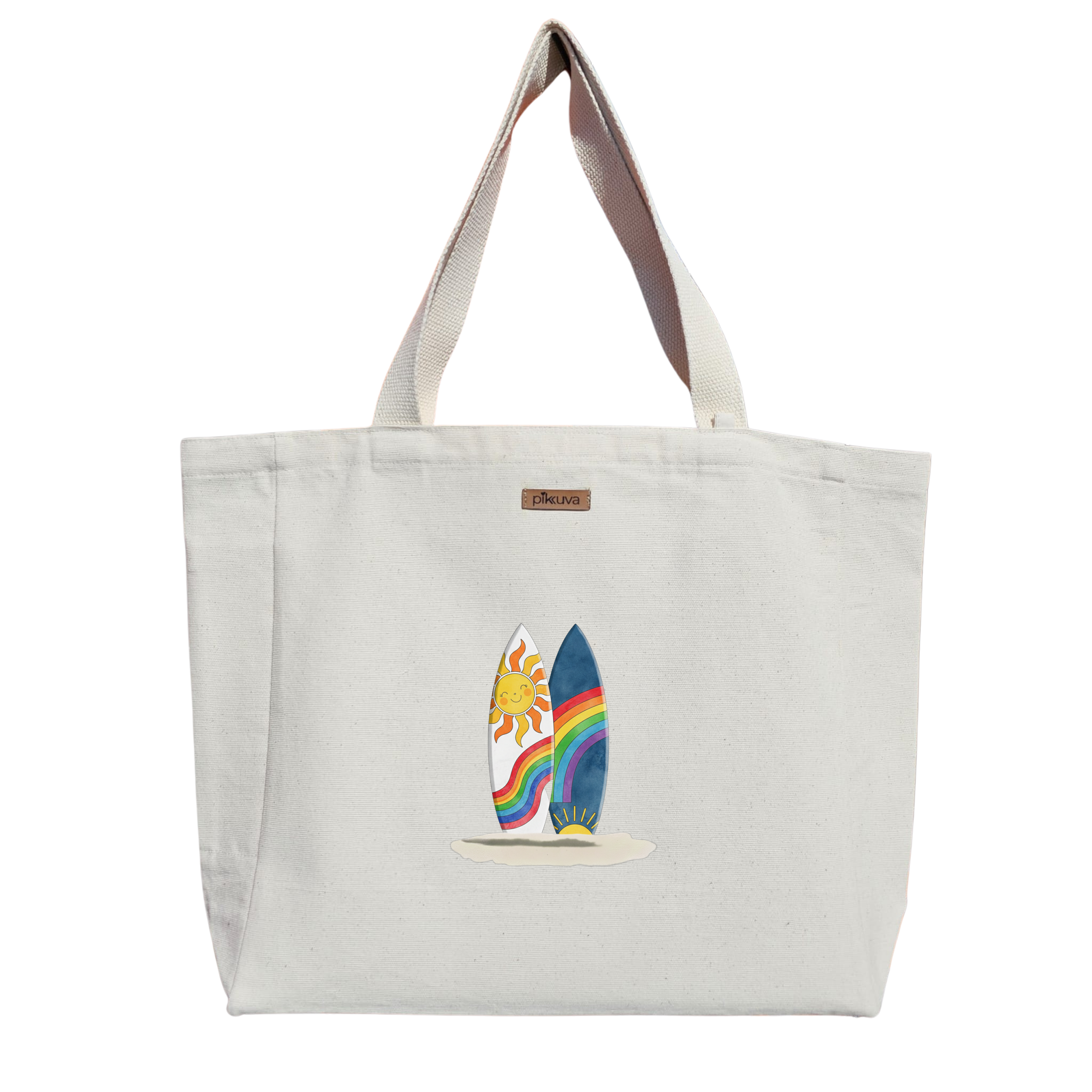 Natural Canvas Tote Bag, Natural Handle, White Velcro, Water Bottle Holder — 12x20