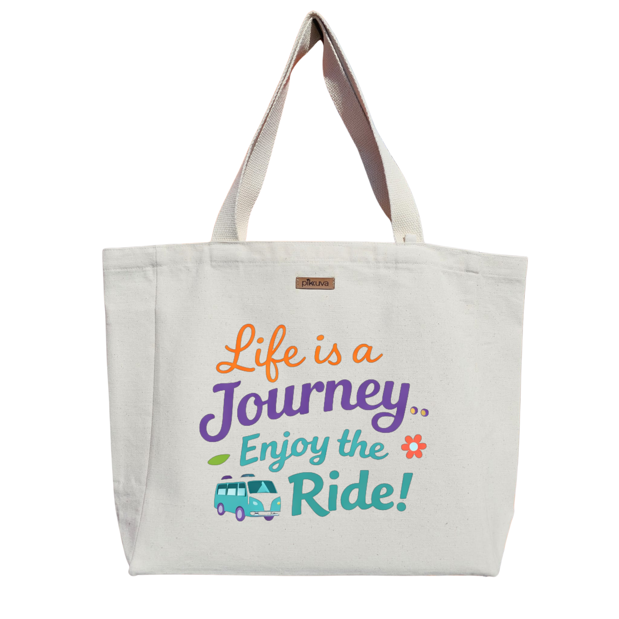 Natural Canvas Tote Bag, Natural Handle, White Velcro, Water Bottle Holder — 24x20
