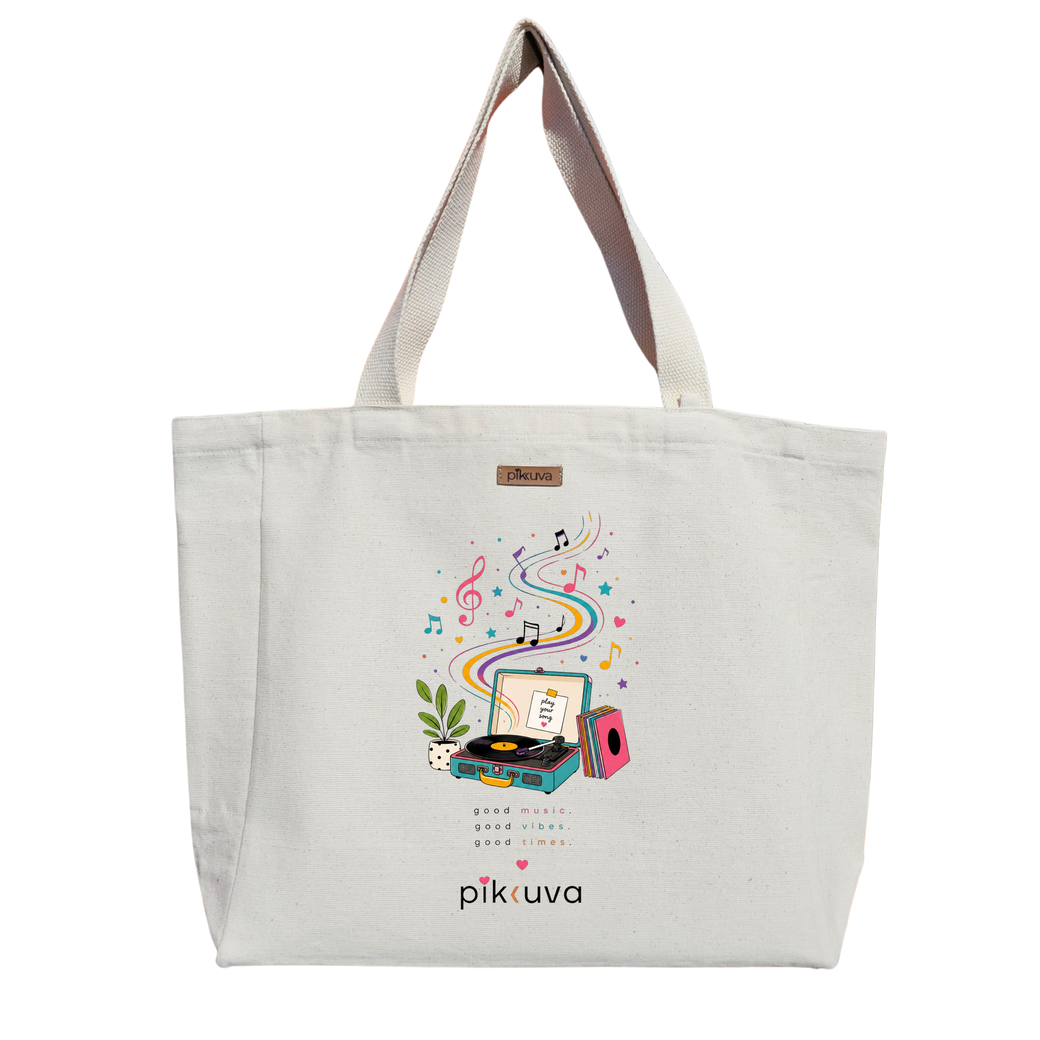 Natural Canvas Tote Bag, Natural Handle, White Velcro, Water Bottle Holder — 20x24