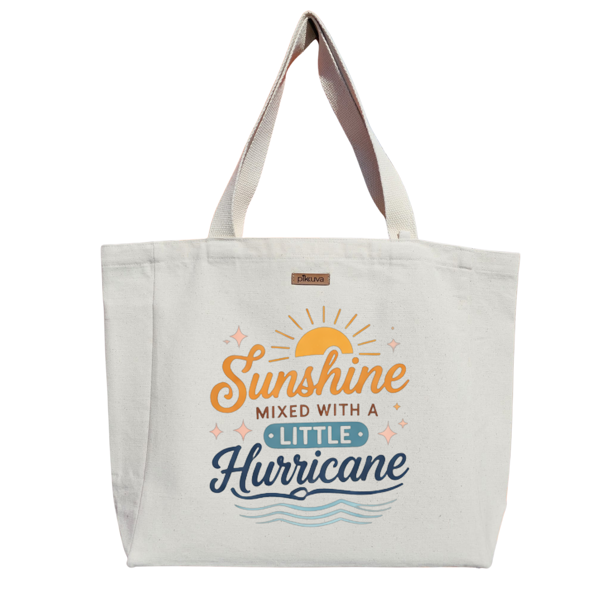 Natural Canvas Tote Bag, Natural Handle, White Velcro, Water Bottle Holder
