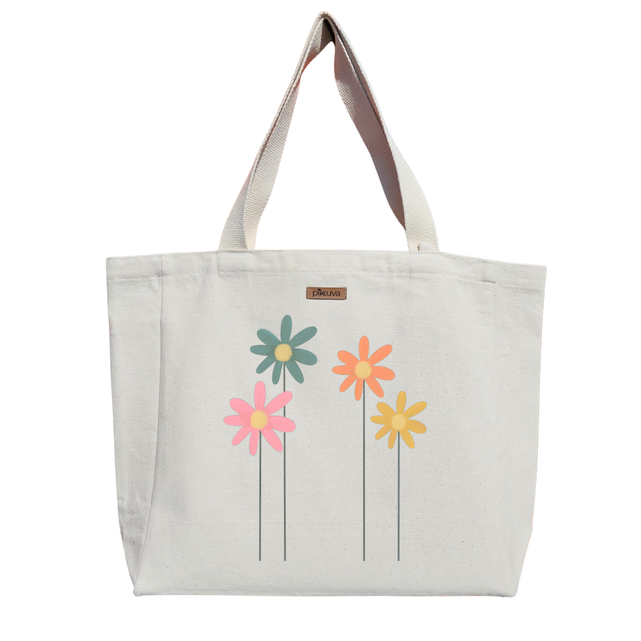 Natural Canvas Tote Bag, Natural Handle, White Velcro, Water Bottle Holder — 20x24