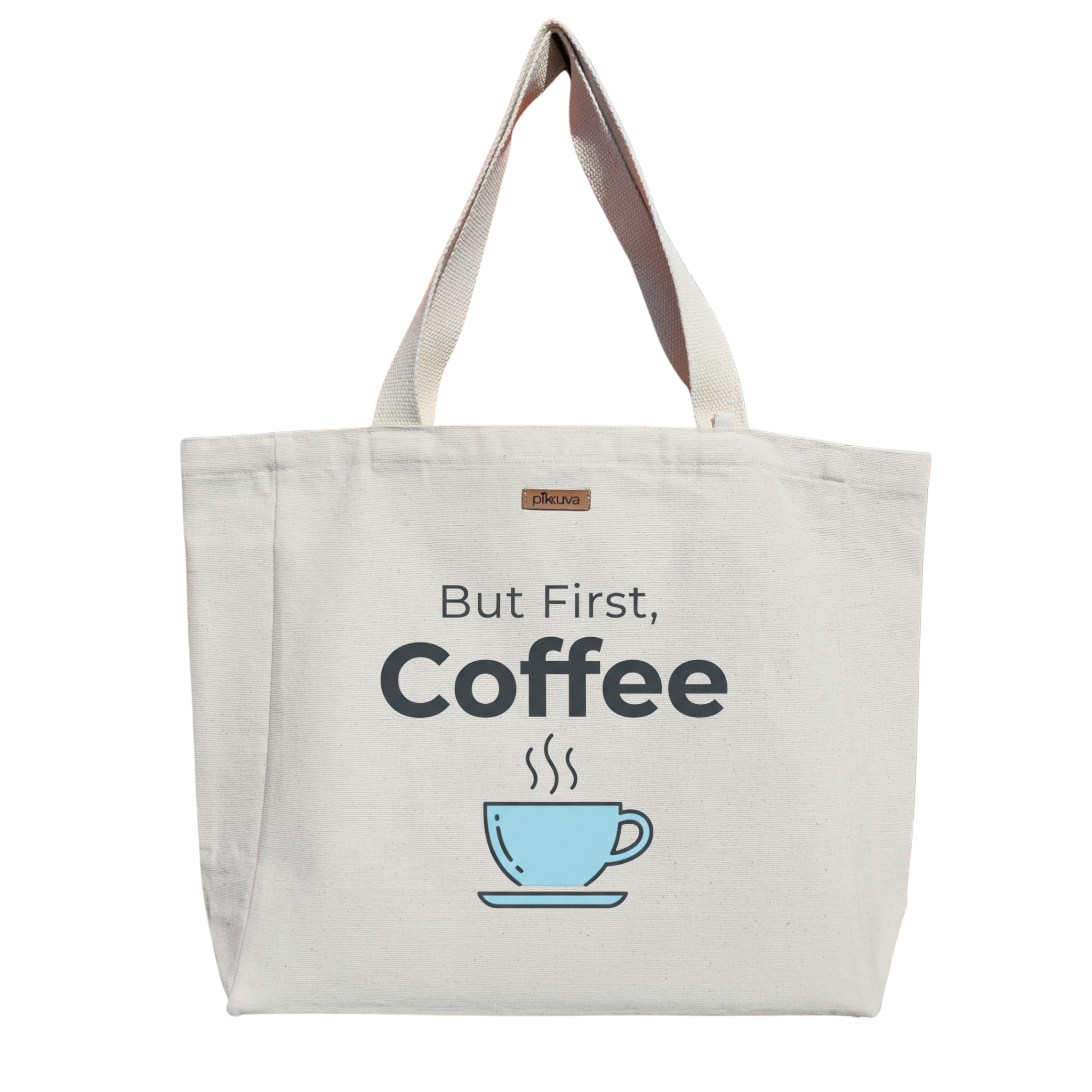Natural Canvas Tote Bag, Natural Handle, White Velcro, Water Bottle Holder — 20x24