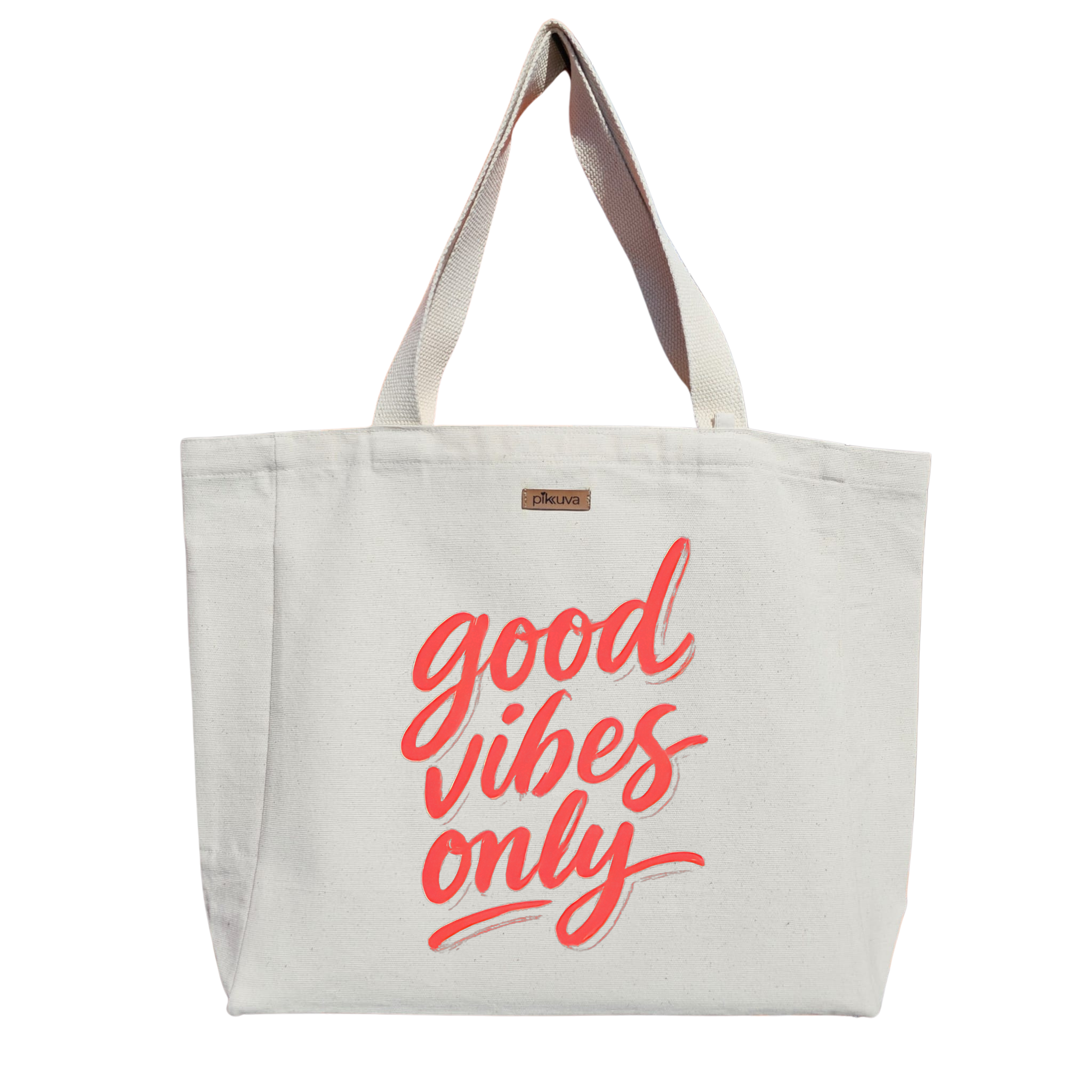 Kırmızı El Yazısı Logo Good Vibes Only Dikey Tasarım Yazı tipi tasarımı Baskılı Naturel Kanvas Bez Çanta Sap Beyaz Cırt Cırtlı Suluk Tutuculu