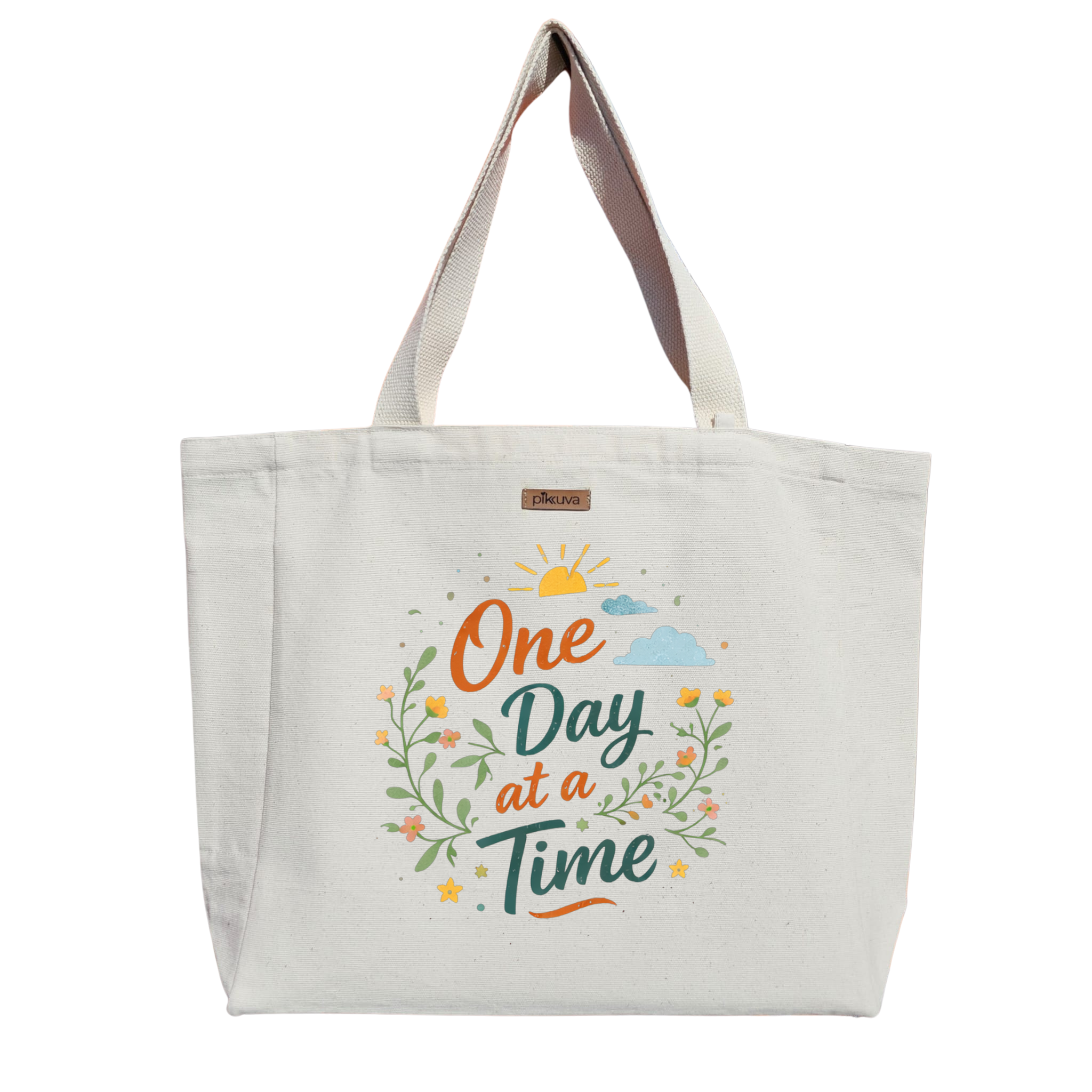 Natural Canvas Tote Bag, Natural Handle, White Velcro, Water Bottle Holder