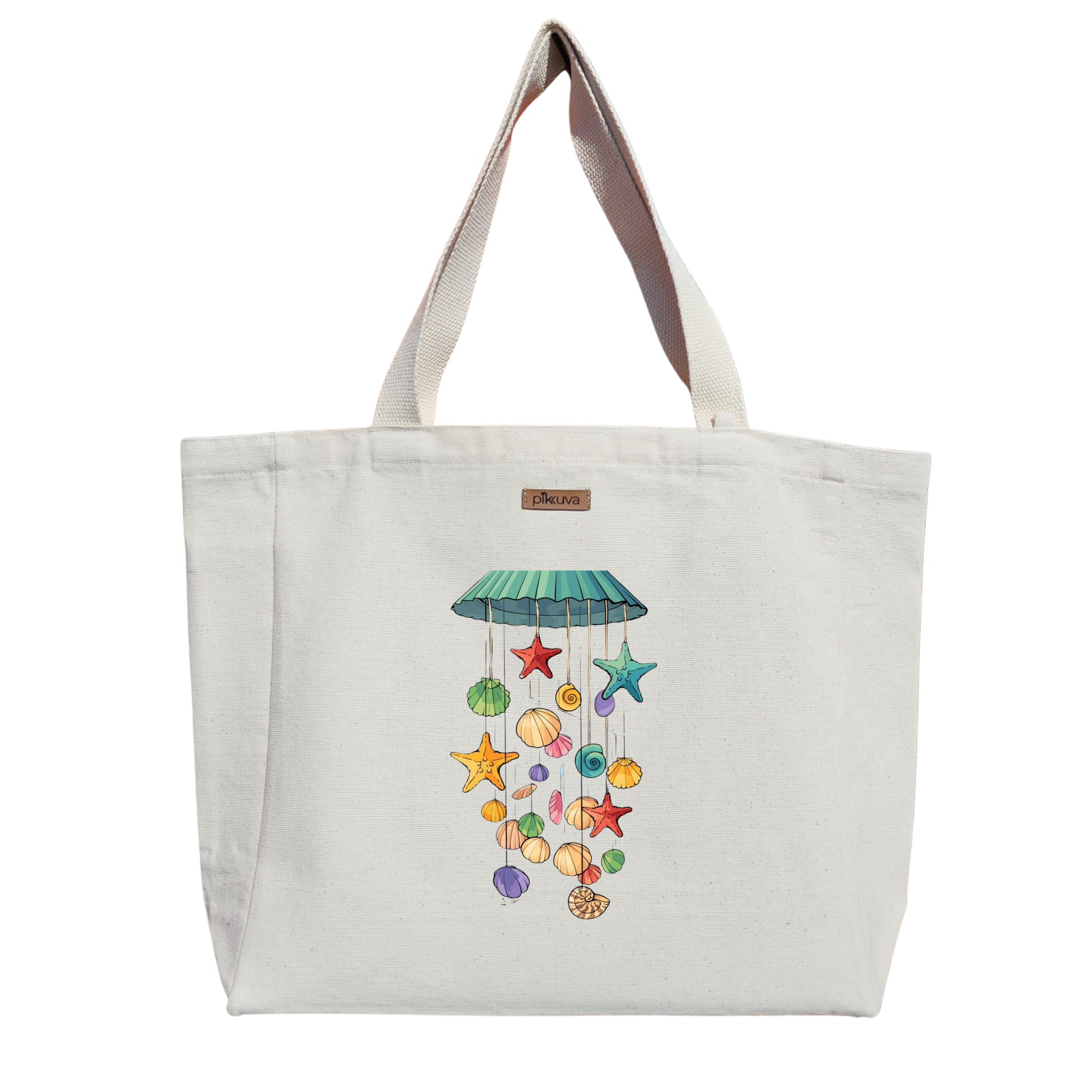 Natural Canvas Tote Bag, Natural Handle, White Velcro, Water Bottle Holder — 12x20